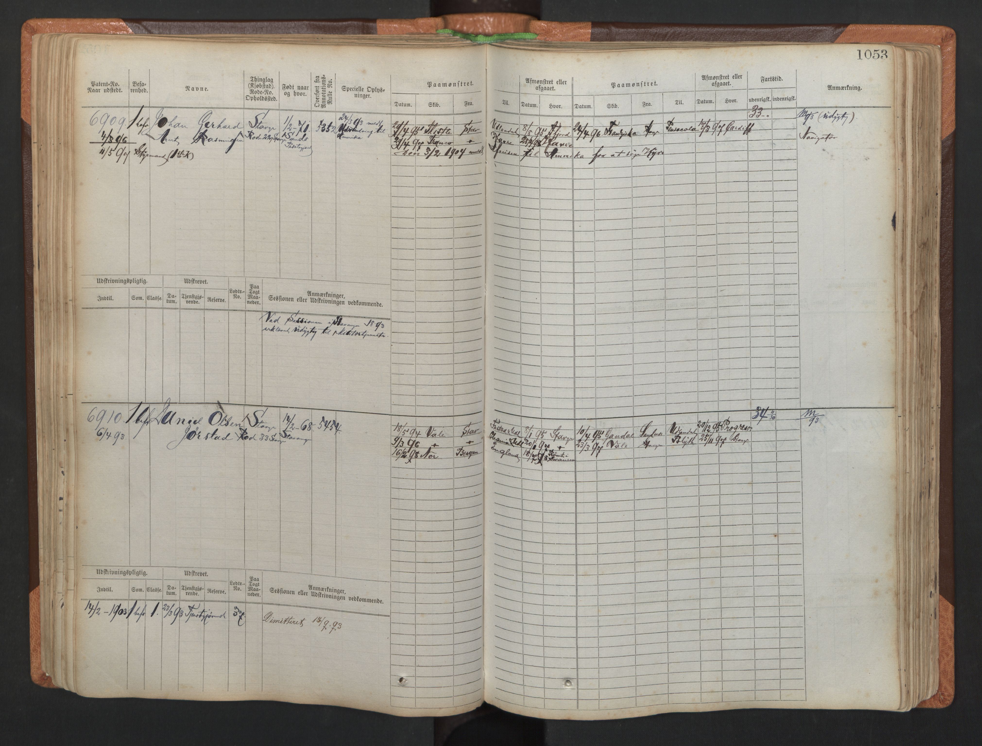 Stavanger sjømannskontor, AV/SAST-A-102006/F/Fb/Fbb/L0011: Sjøfartshovedrulle, patentnr. 6607-7206 (del 2), 1887-1896, p. 156