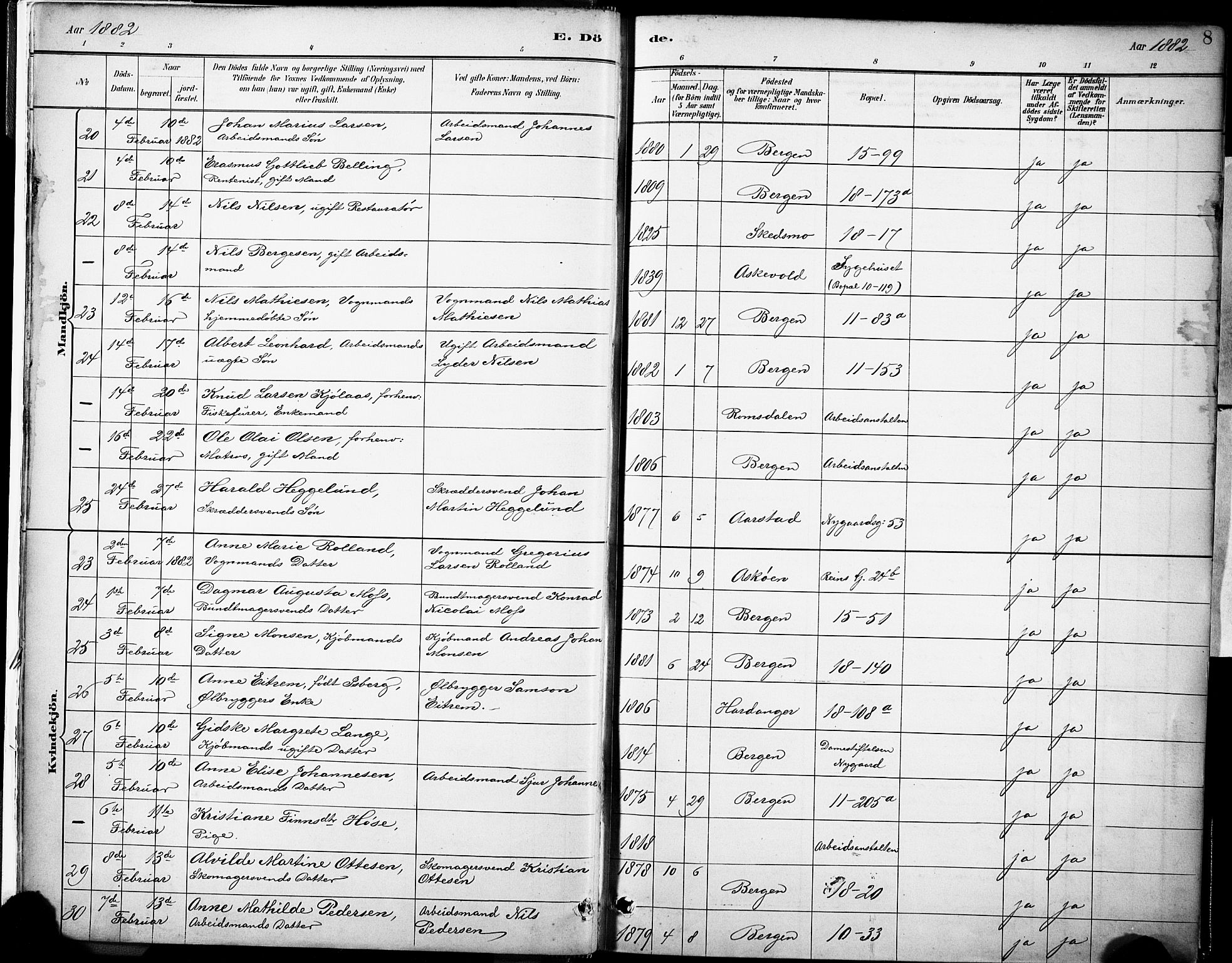 Domkirken sokneprestembete, SAB/A-74801/H/Haa/L0043: Parish register (official) no. E 5, 1882-1904, p. 8