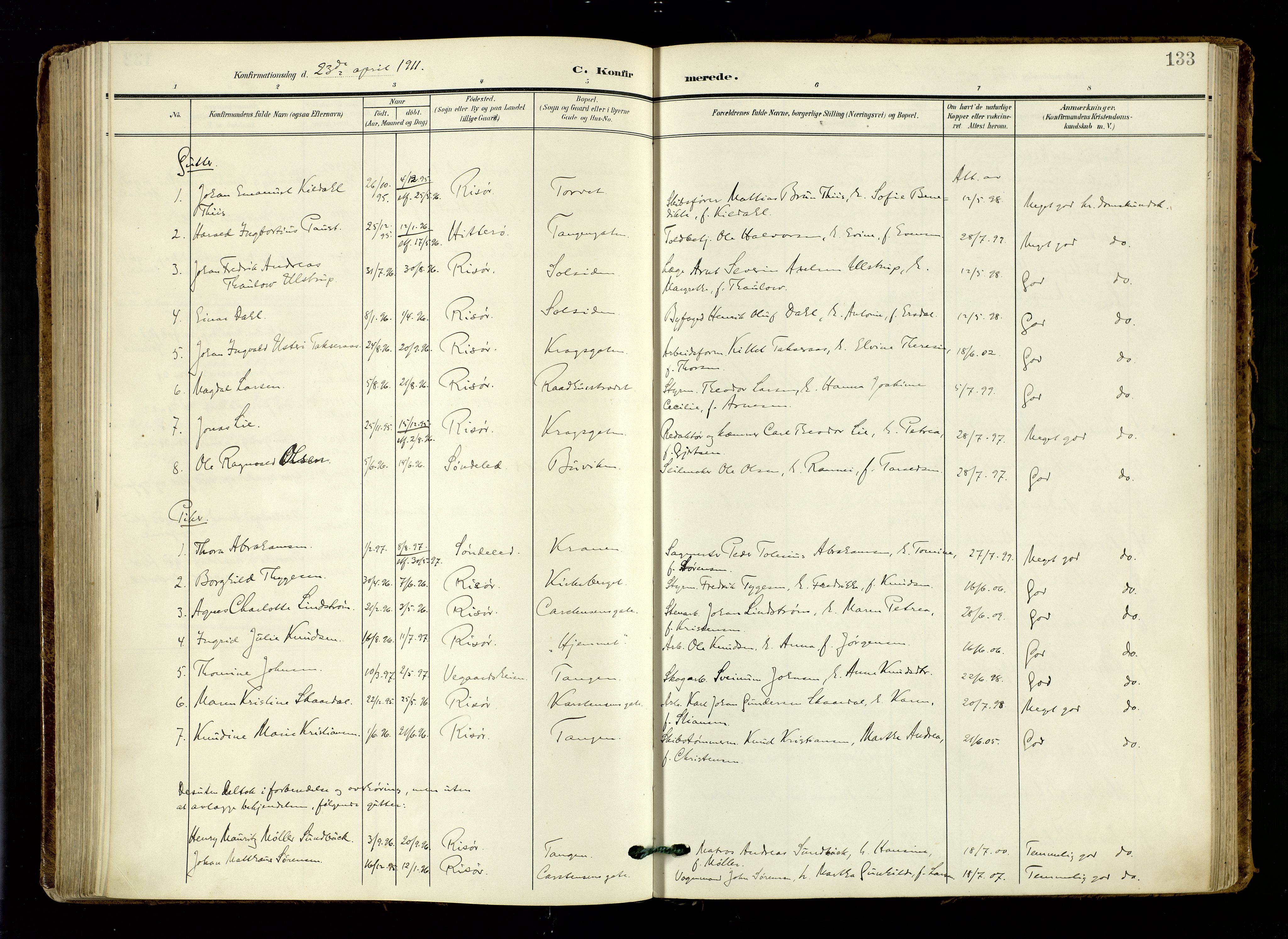 Risør sokneprestkontor, AV/SAK-1111-0035/F/Fa/L0011: Parish register (official) no. A 11, 1907-1920, p. 133