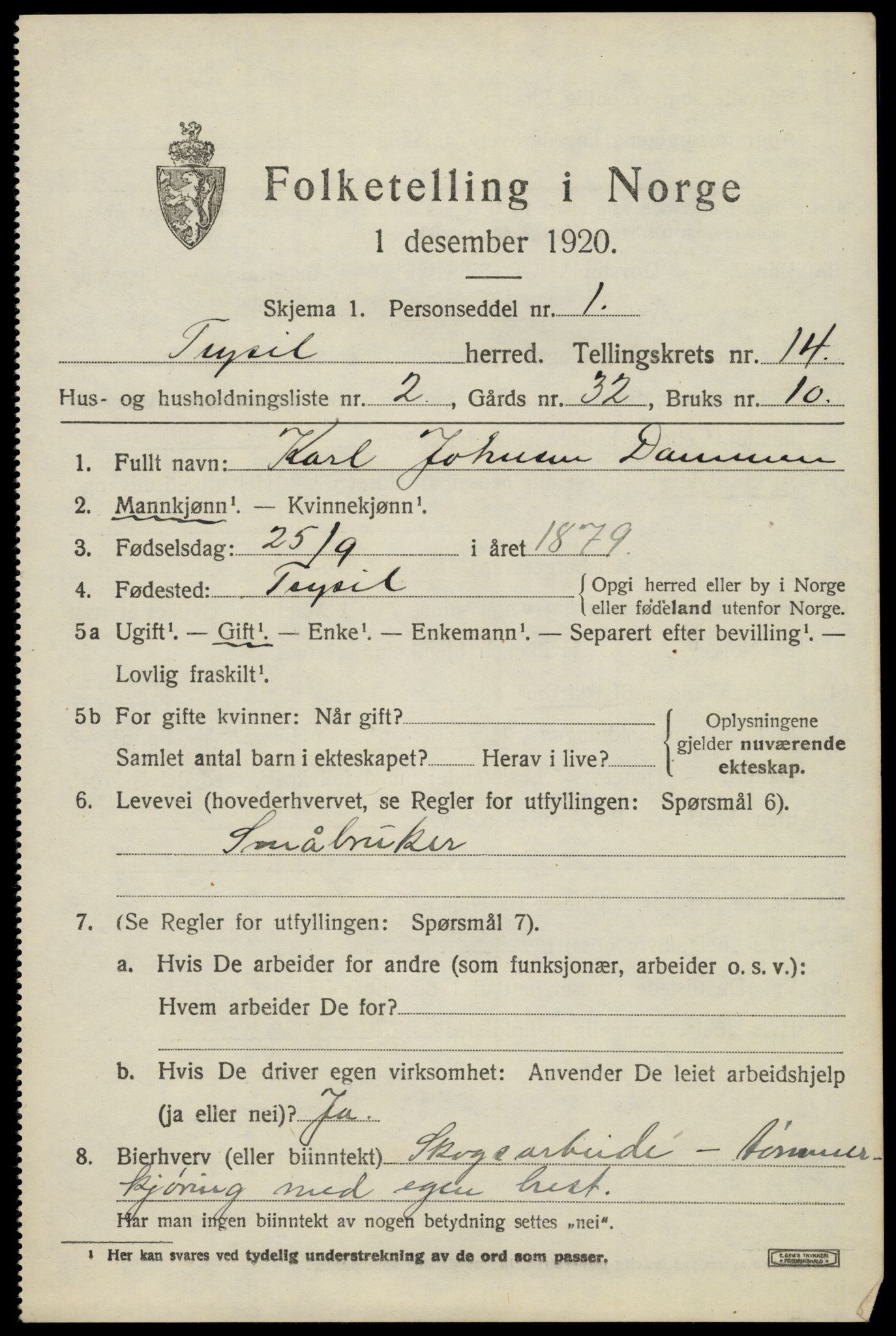 SAH, 1920 census for Trysil, 1920, p. 7883