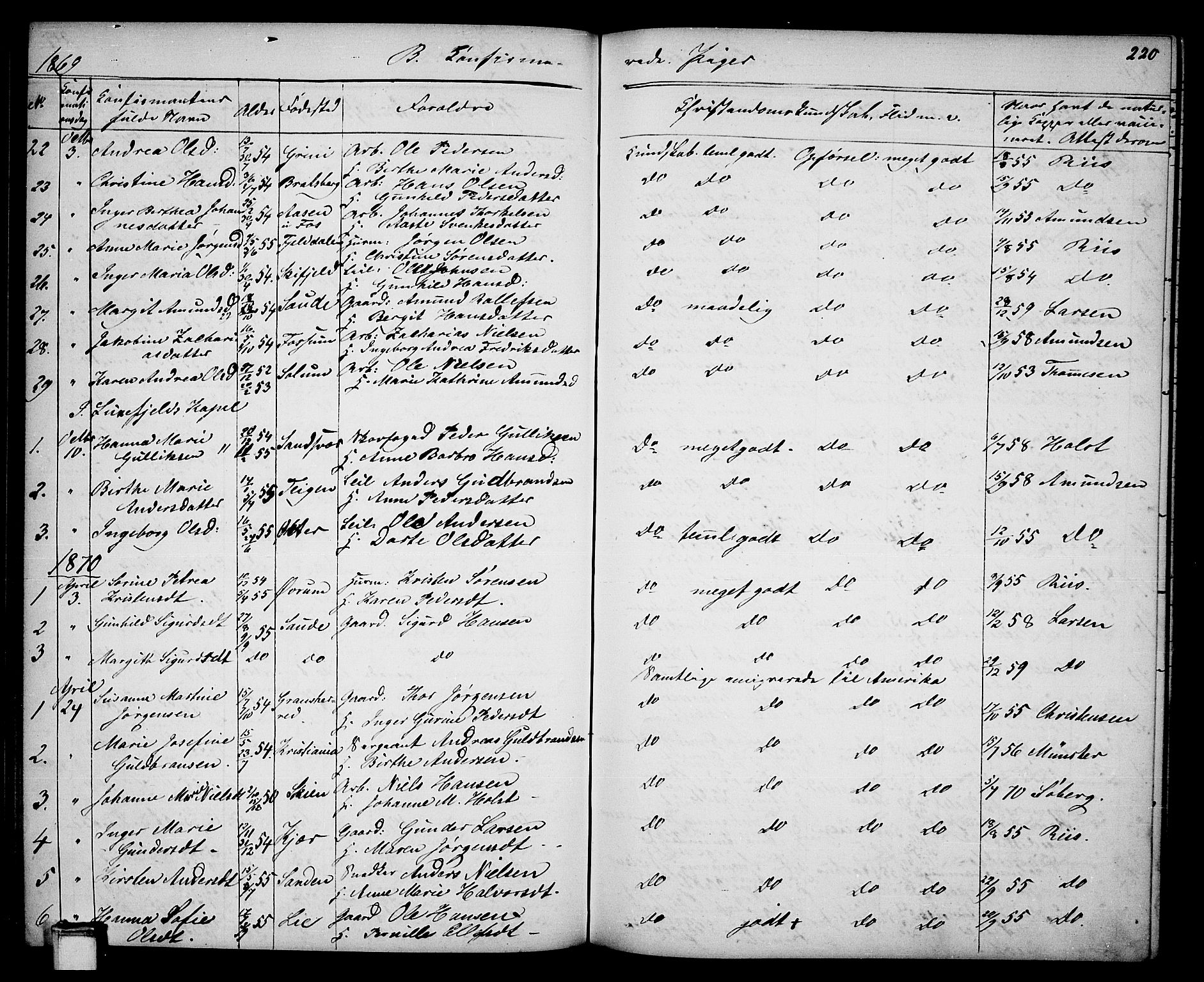 Gjerpen kirkebøker, SAKO/A-265/G/Ga/L0001: Parish register (copy) no. I 1, 1864-1882, p. 220