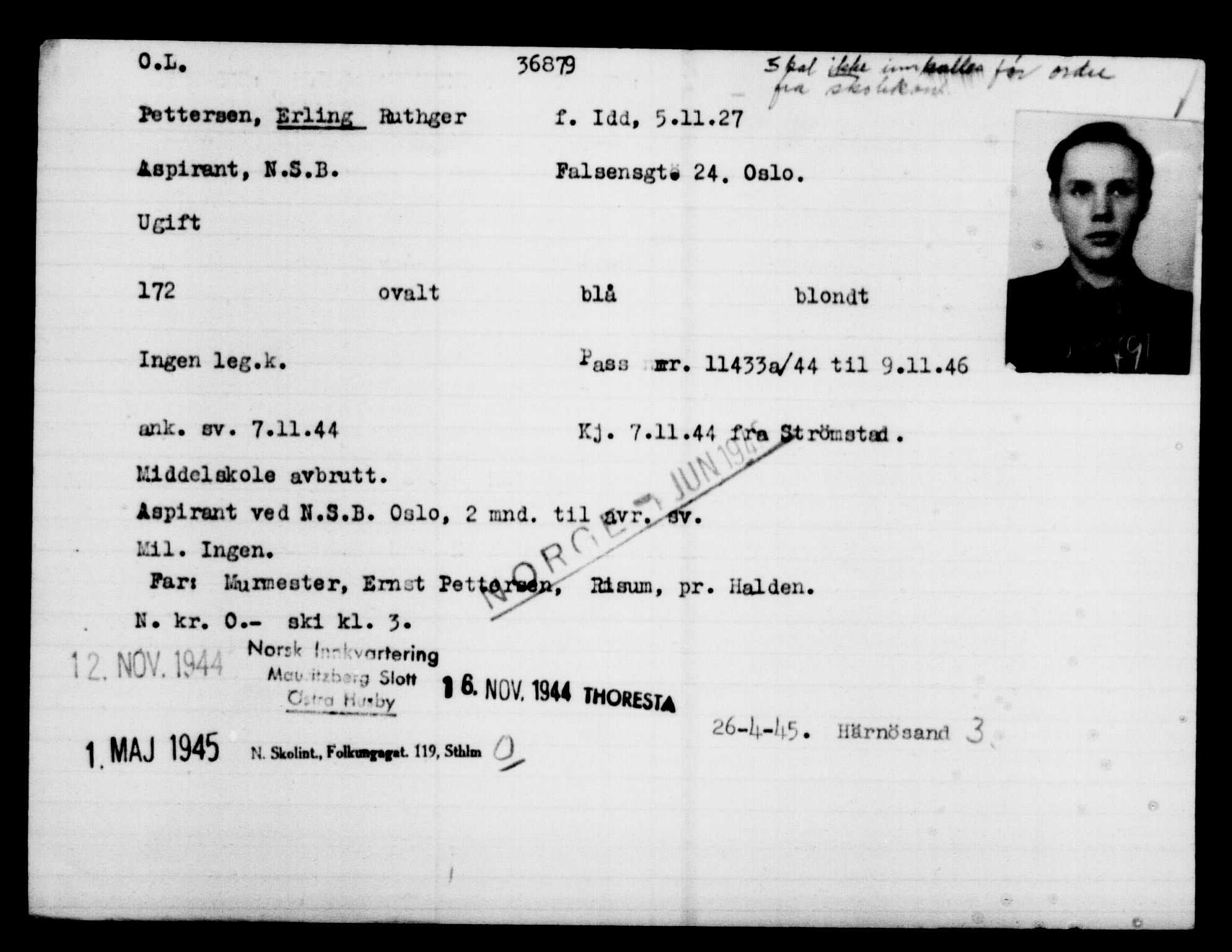 Utenriksstasjonene, Legasjonen i Stockholm, Flyktningkontoret, AV/RA-S-6753/V/Va/L0014: Kjesäterkartoteket, flyktninger med registreringsnr. 34700-37855, 1940-1945, p. 2293