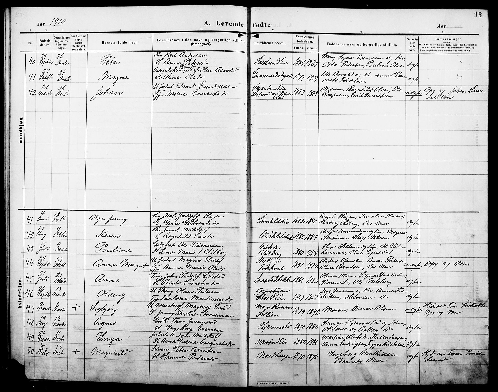 Stange prestekontor, AV/SAH-PREST-002/L/L0014: Parish register (copy) no. 14, 1909-1917, p. 13