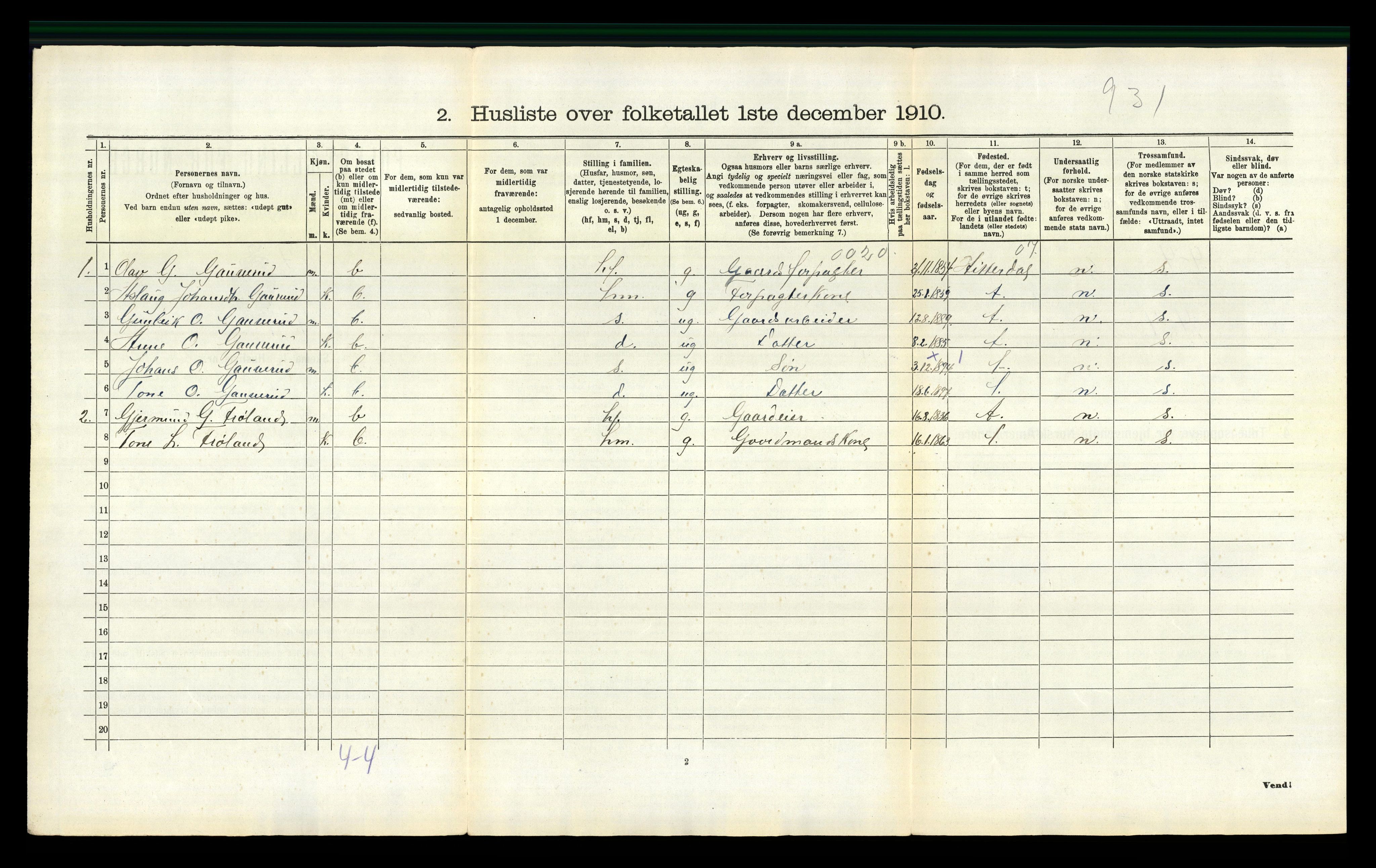 RA, 1910 census for Hjartdal, 1910, p. 411