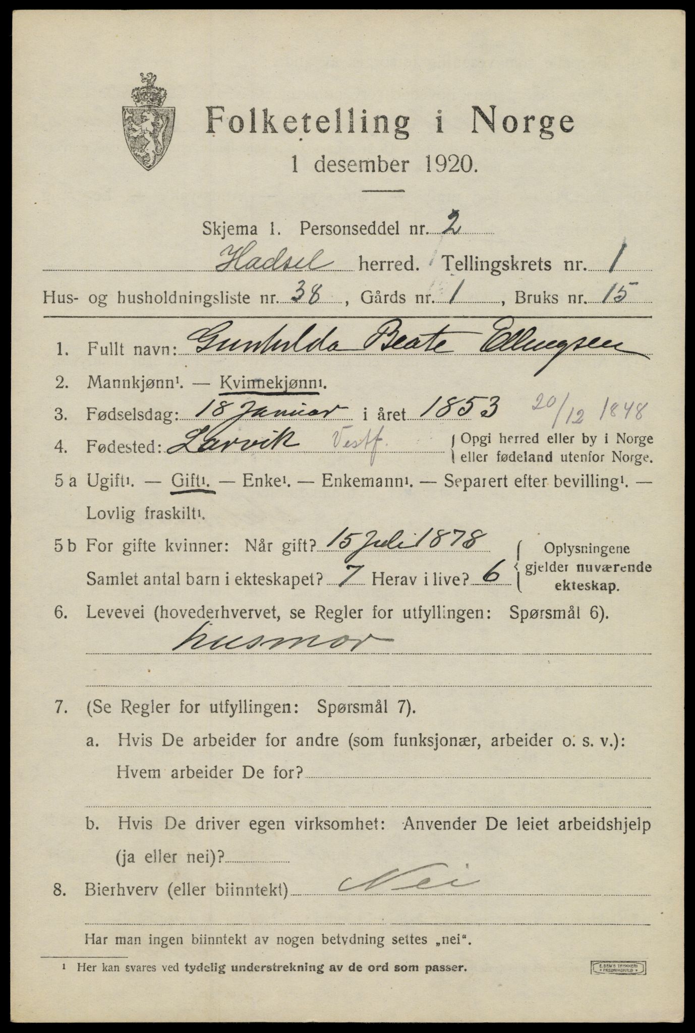 SAT, 1920 census for Hadsel, 1920, p. 3818