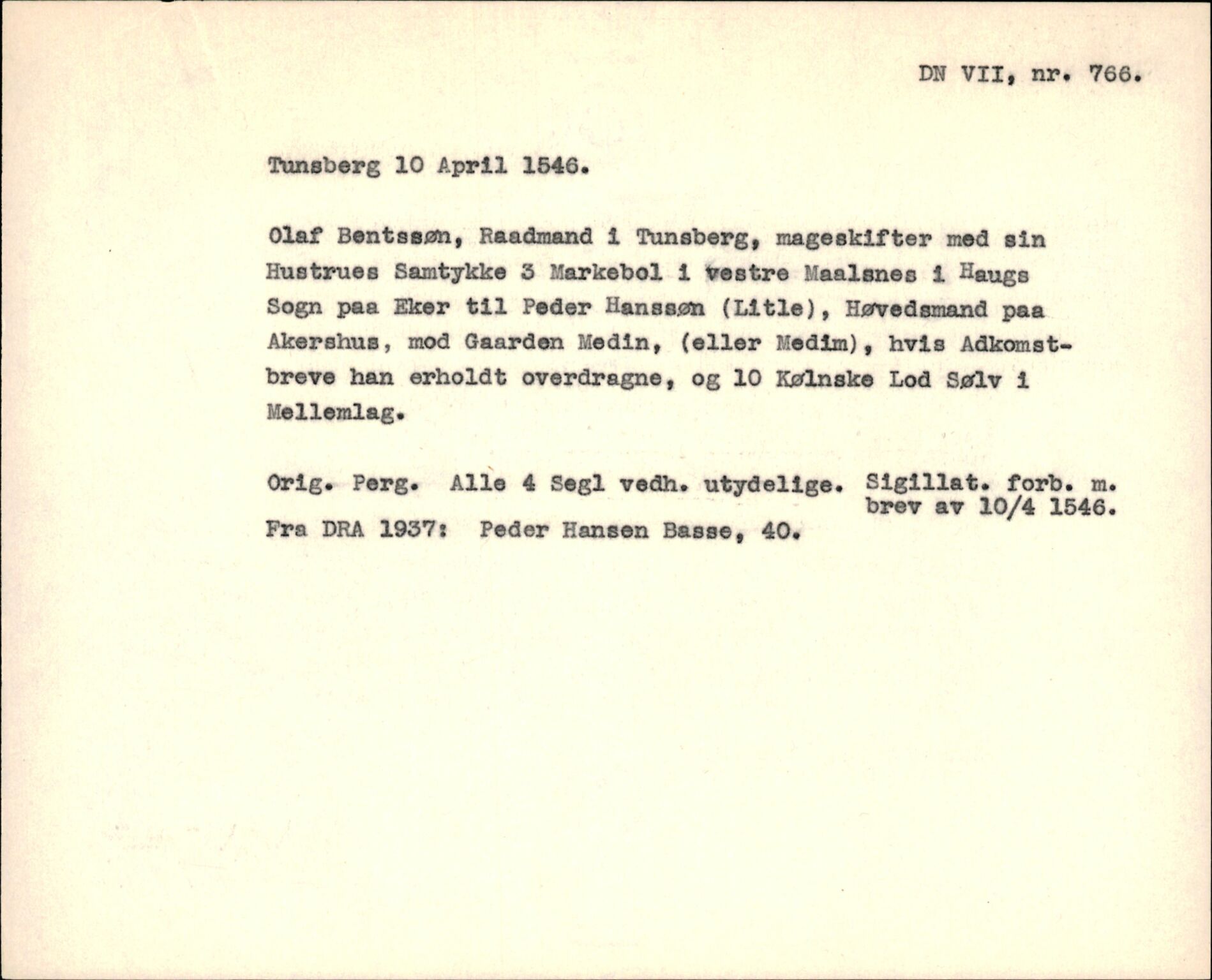 Riksarkivets diplomsamling, AV/RA-EA-5965/F35/F35f/L0002: Regestsedler: Diplomer fra DRA 1937 og 1996, p. 281