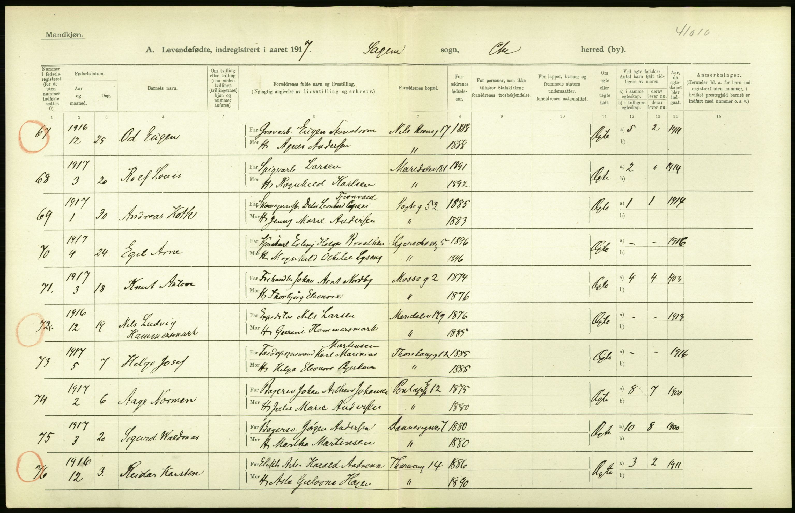 Statistisk sentralbyrå, Sosiodemografiske emner, Befolkning, RA/S-2228/D/Df/Dfb/Dfbg/L0007: Kristiania: Levendefødte menn og kvinner., 1917, p. 98