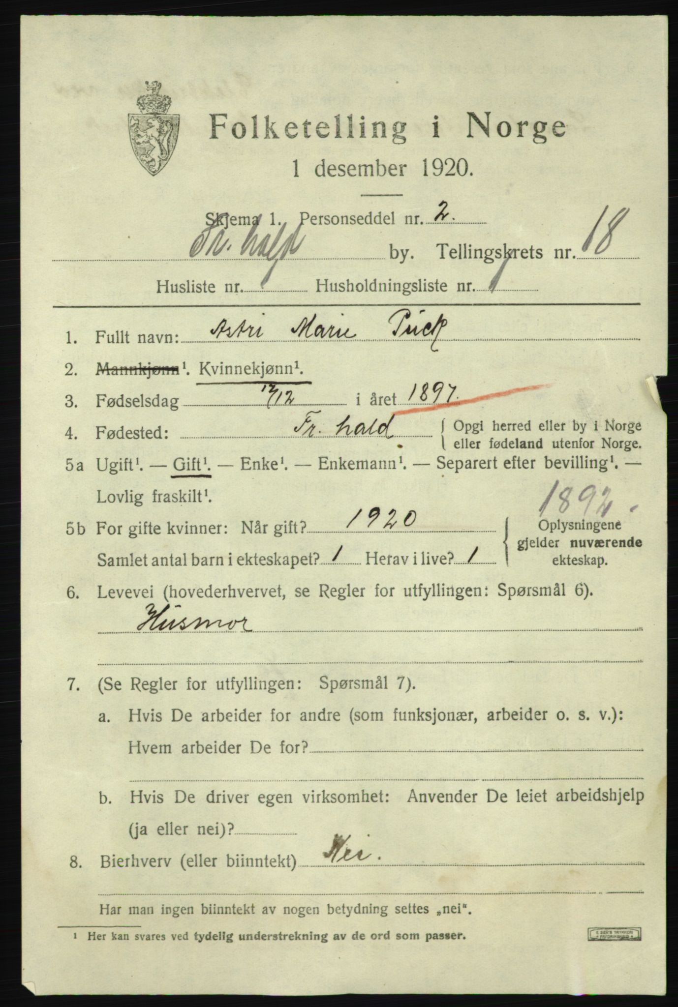 SAO, 1920 census for Fredrikshald, 1920, p. 26995