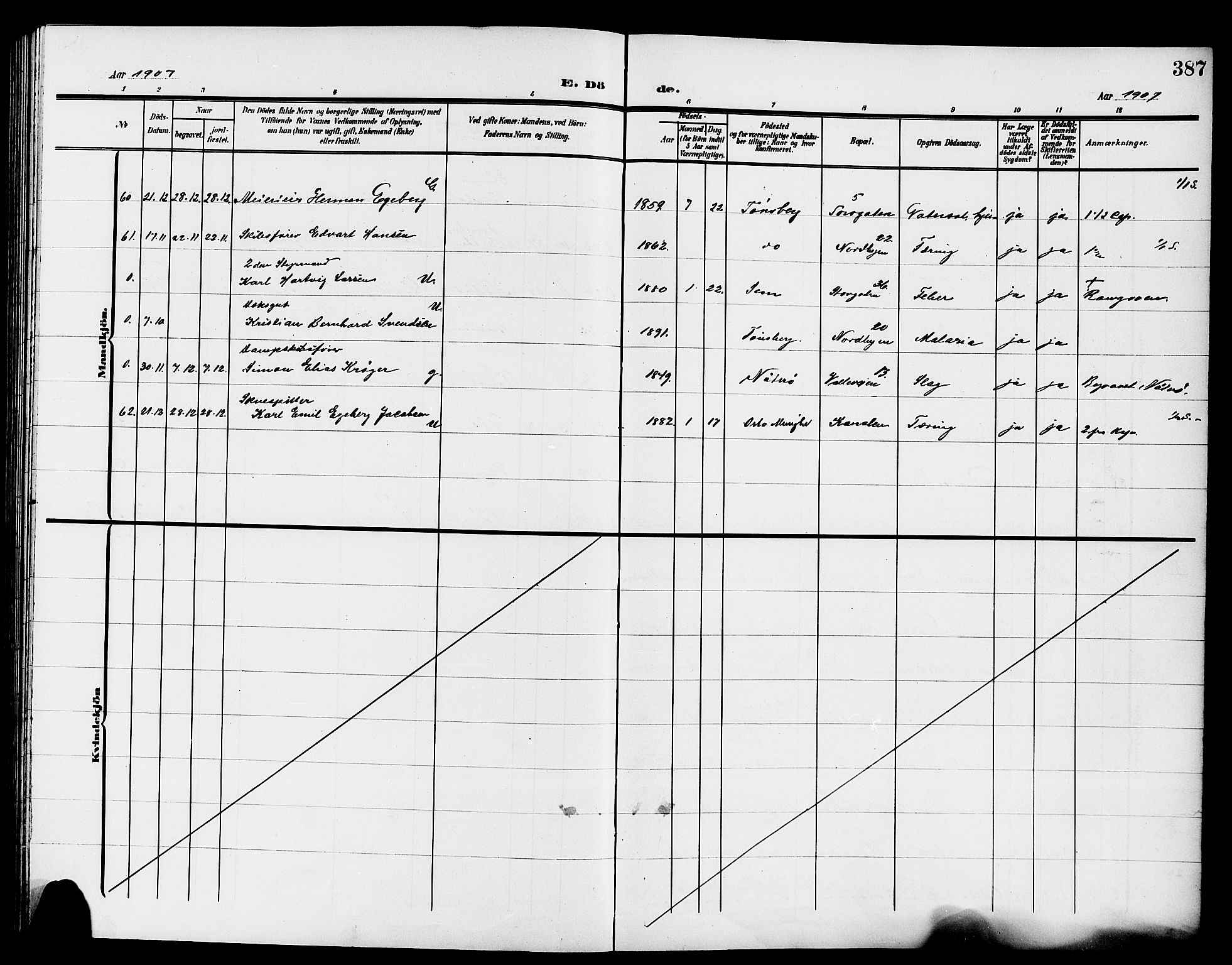 Tønsberg kirkebøker, AV/SAKO-A-330/G/Ga/L0008: Parish register (copy) no. 8, 1905-1912, p. 387