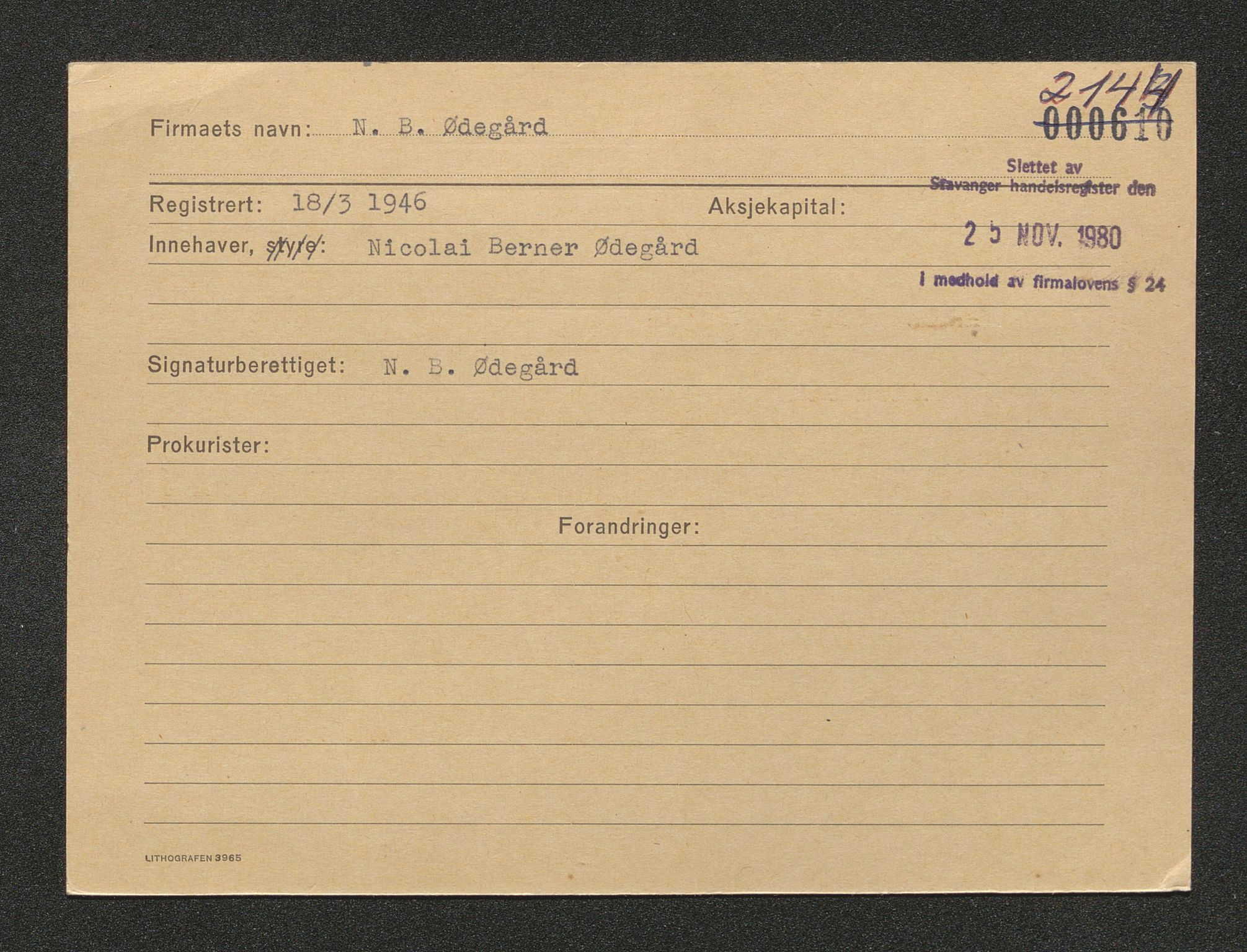 Stavanger byfogd, AV/SAST-A-101408/001/4/42/422/4221A/L0005: Register over slettede firma N-R, 1891-1987, p. 764