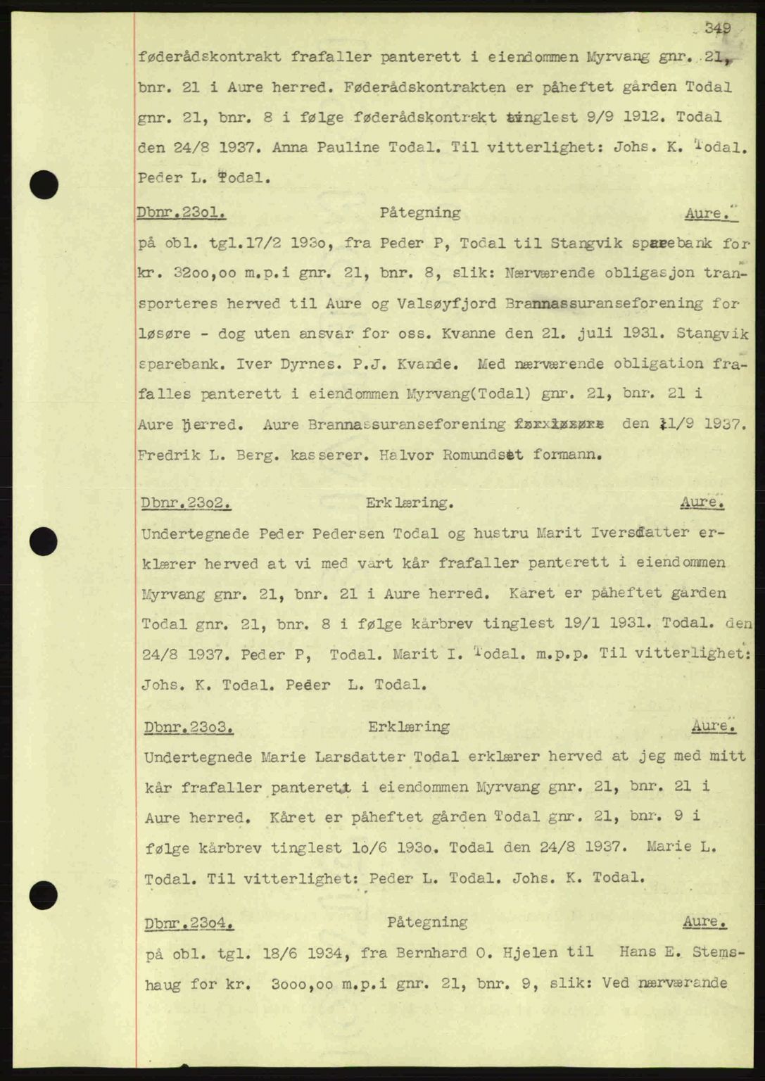 Nordmøre sorenskriveri, AV/SAT-A-4132/1/2/2Ca: Mortgage book no. C80, 1936-1939, Diary no: : 2301/1937