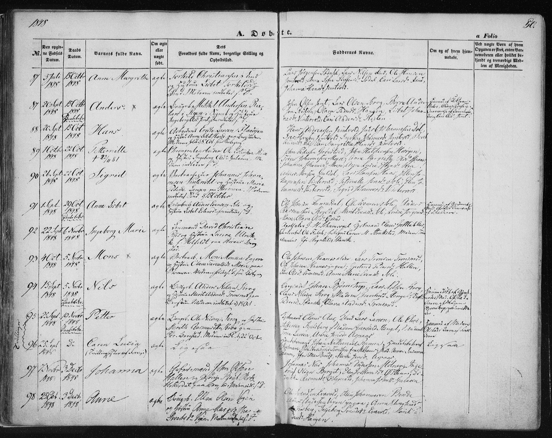 Ministerialprotokoller, klokkerbøker og fødselsregistre - Sør-Trøndelag, SAT/A-1456/681/L0931: Parish register (official) no. 681A09, 1845-1859, p. 50