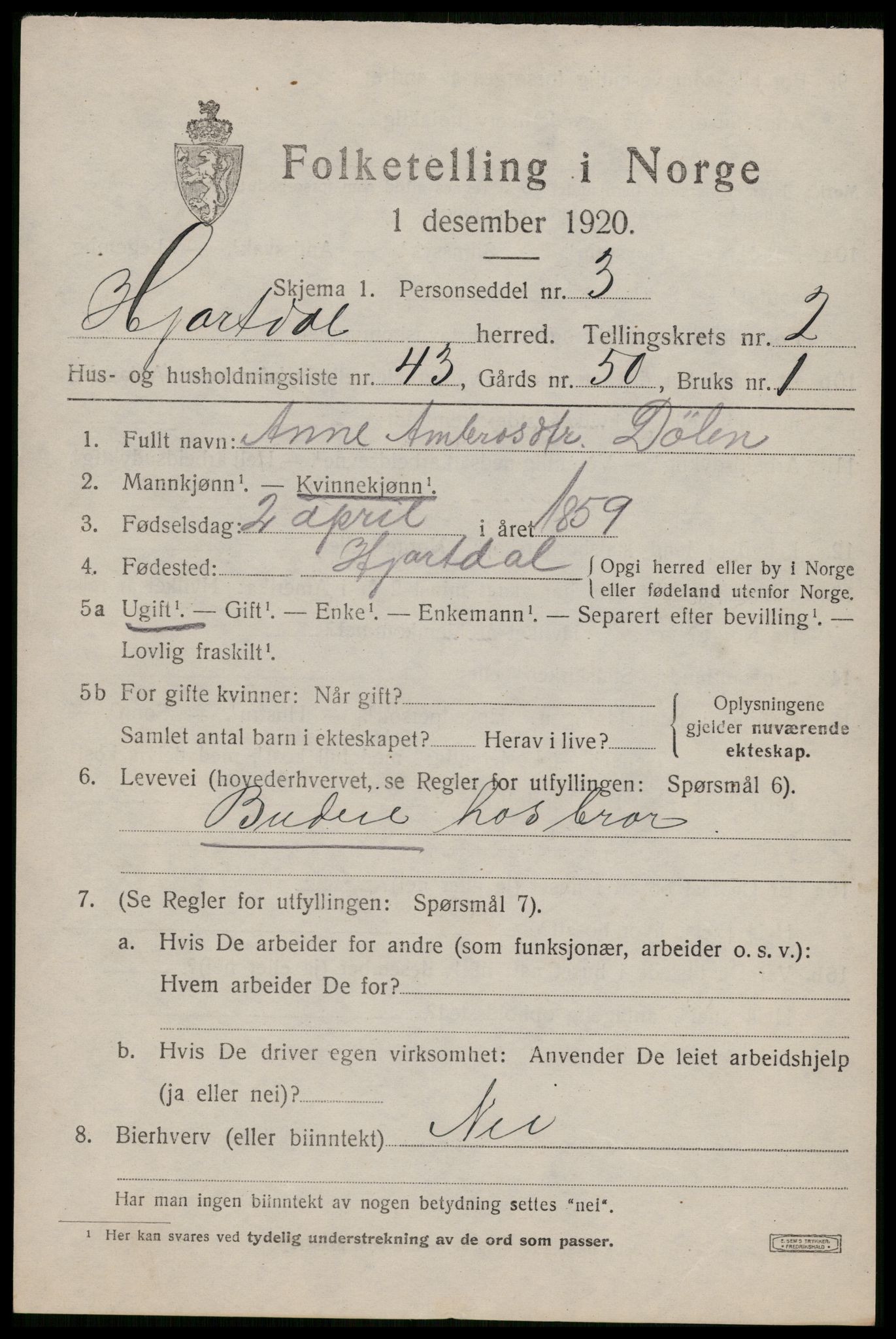 SAKO, 1920 census for Hjartdal, 1920, p. 2278