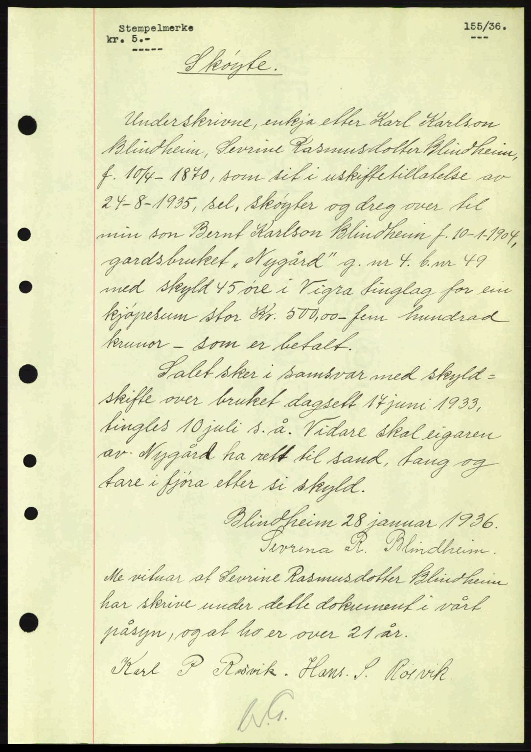 Nordre Sunnmøre sorenskriveri, AV/SAT-A-0006/1/2/2C/2Ca: Mortgage book no. A1, 1936-1936, Diary no: : 155/1936