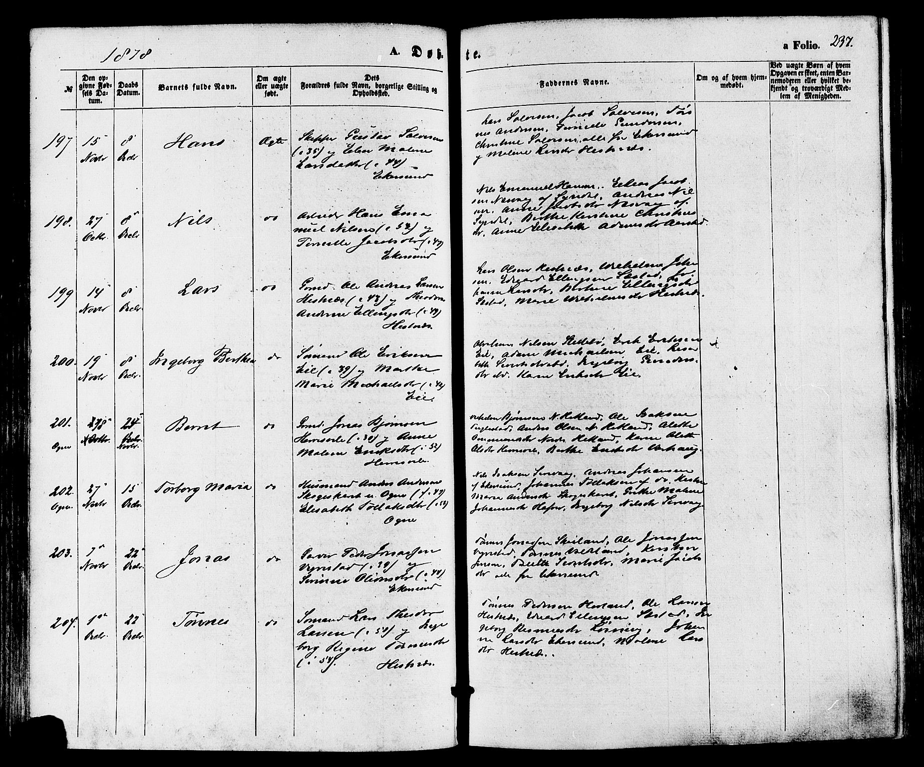 Eigersund sokneprestkontor, AV/SAST-A-101807/S08/L0014: Parish register (official) no. A 13, 1866-1878, p. 237