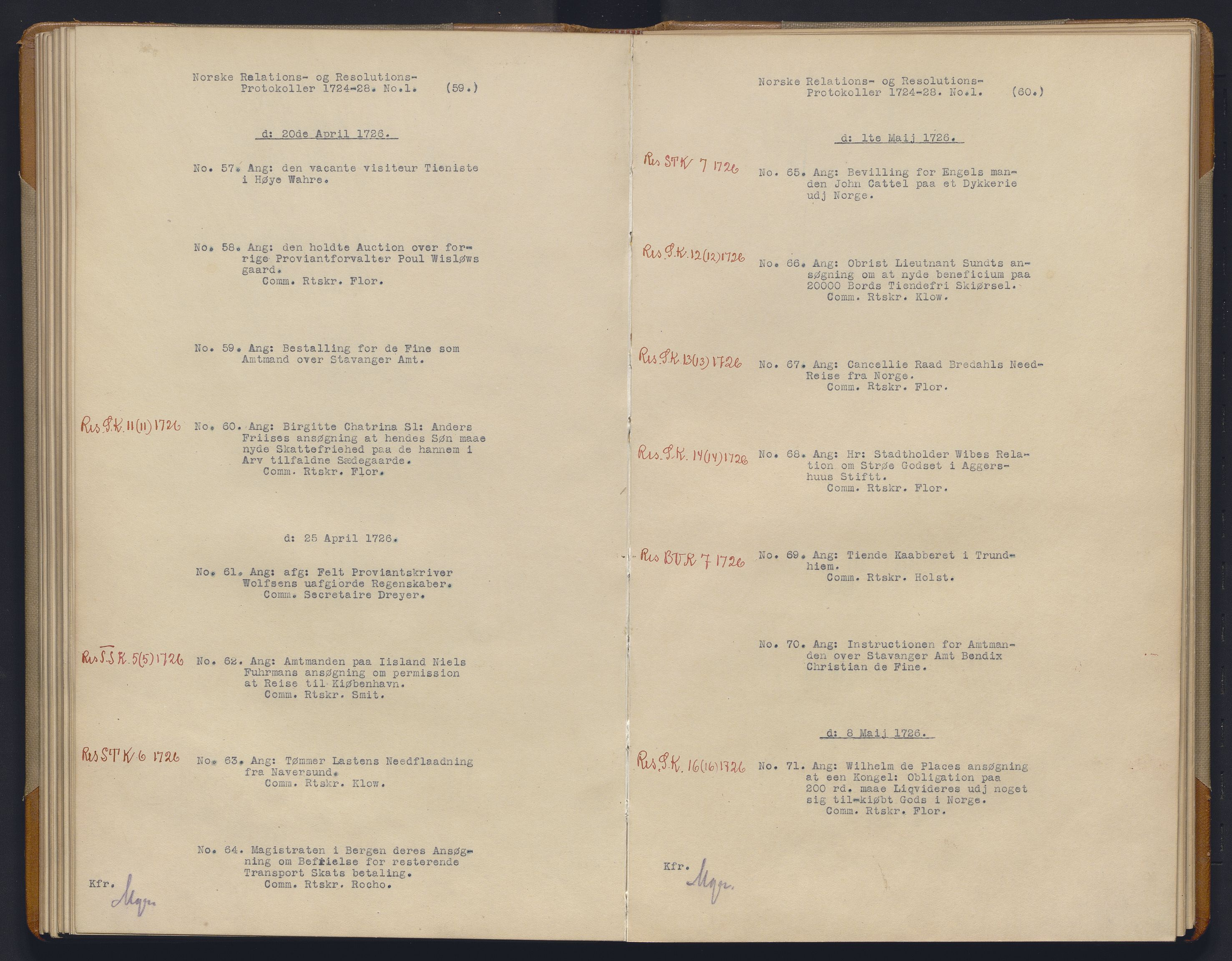 Avskriftsamlingen, AV/RA-EA-4022/F/Fb/L0115: Registratur over norske Relasjons- og resolusjonsprotkoller, 1724-1728, p. 50