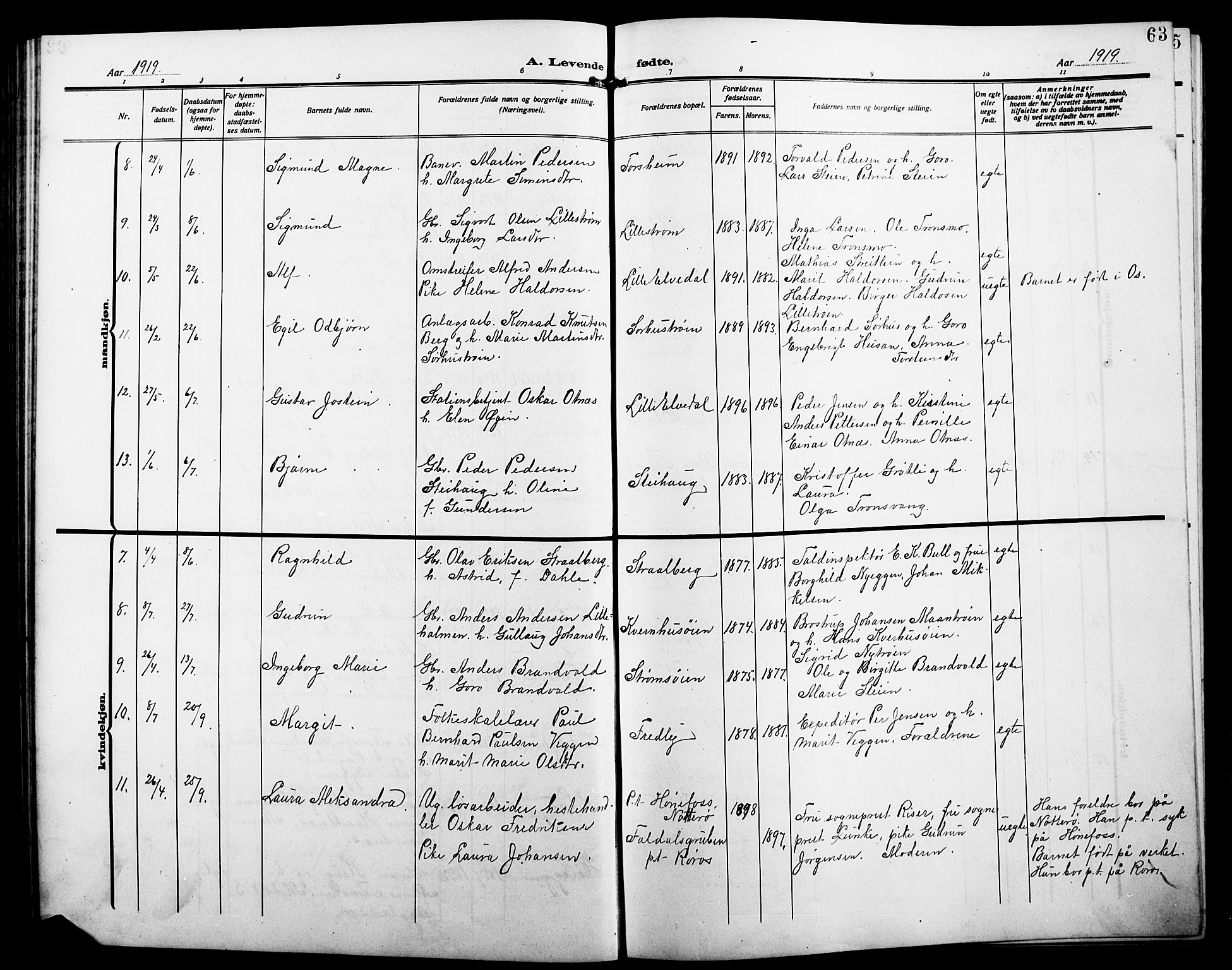 Alvdal prestekontor, AV/SAH-PREST-060/H/Ha/Hab/L0005: Parish register (copy) no. 5, 1908-1923, p. 63