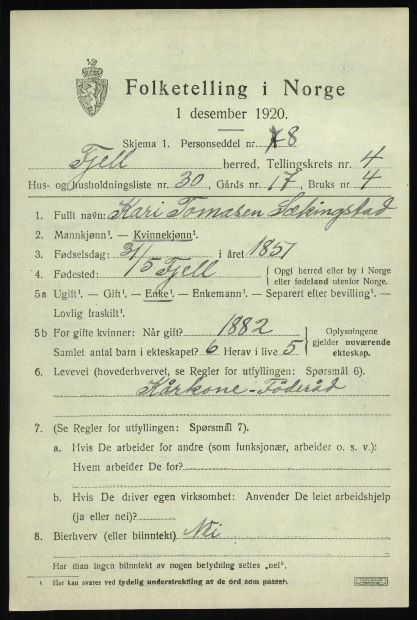 SAB, 1920 census for Fjell, 1920, p. 4090