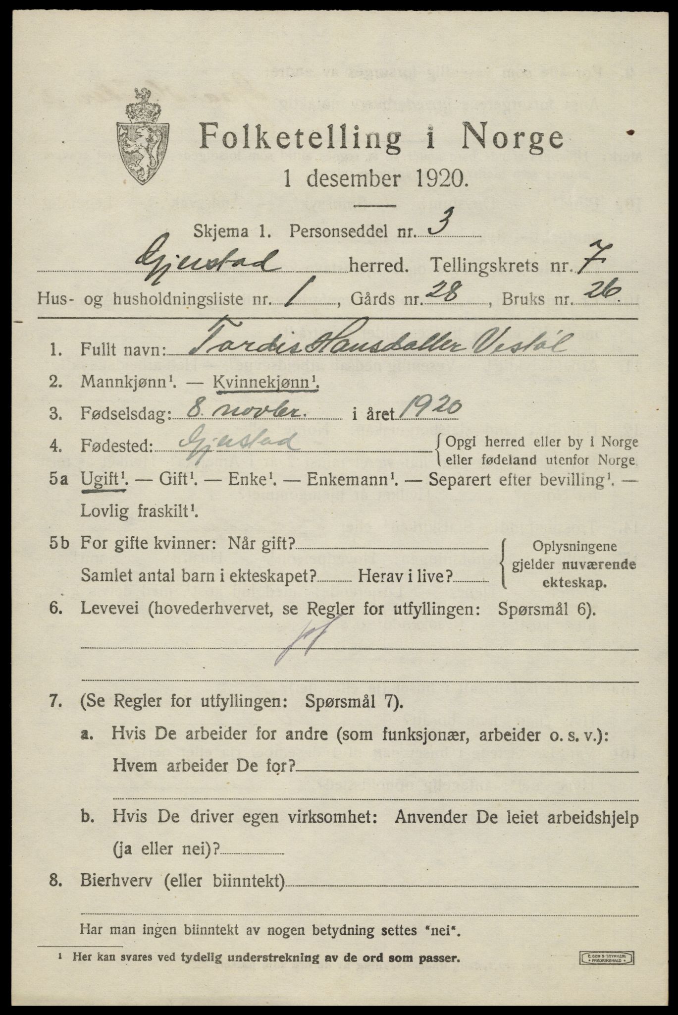 SAK, 1920 census for Gjerstad, 1920, p. 4631