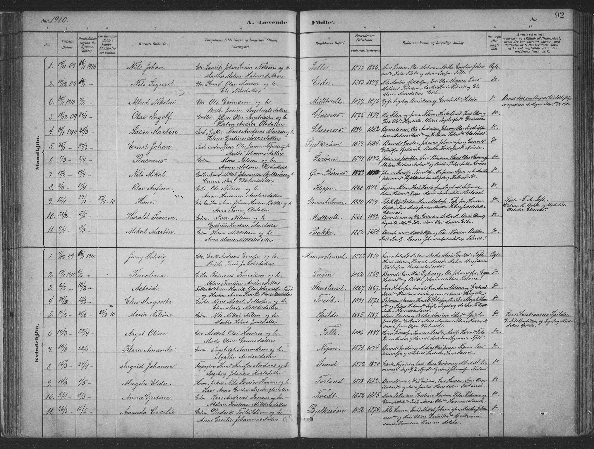 Sund sokneprestembete, SAB/A-99930: Parish register (copy) no. B 3, 1882-1911, p. 92