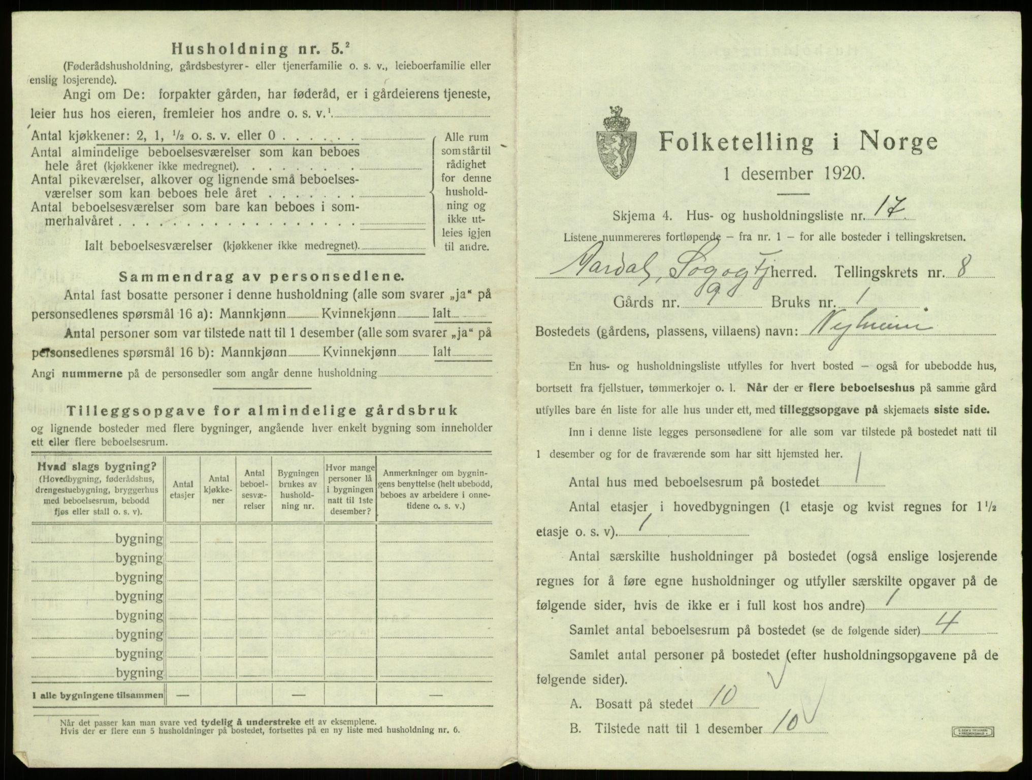 SAB, 1920 census for Årdal, 1920, p. 497