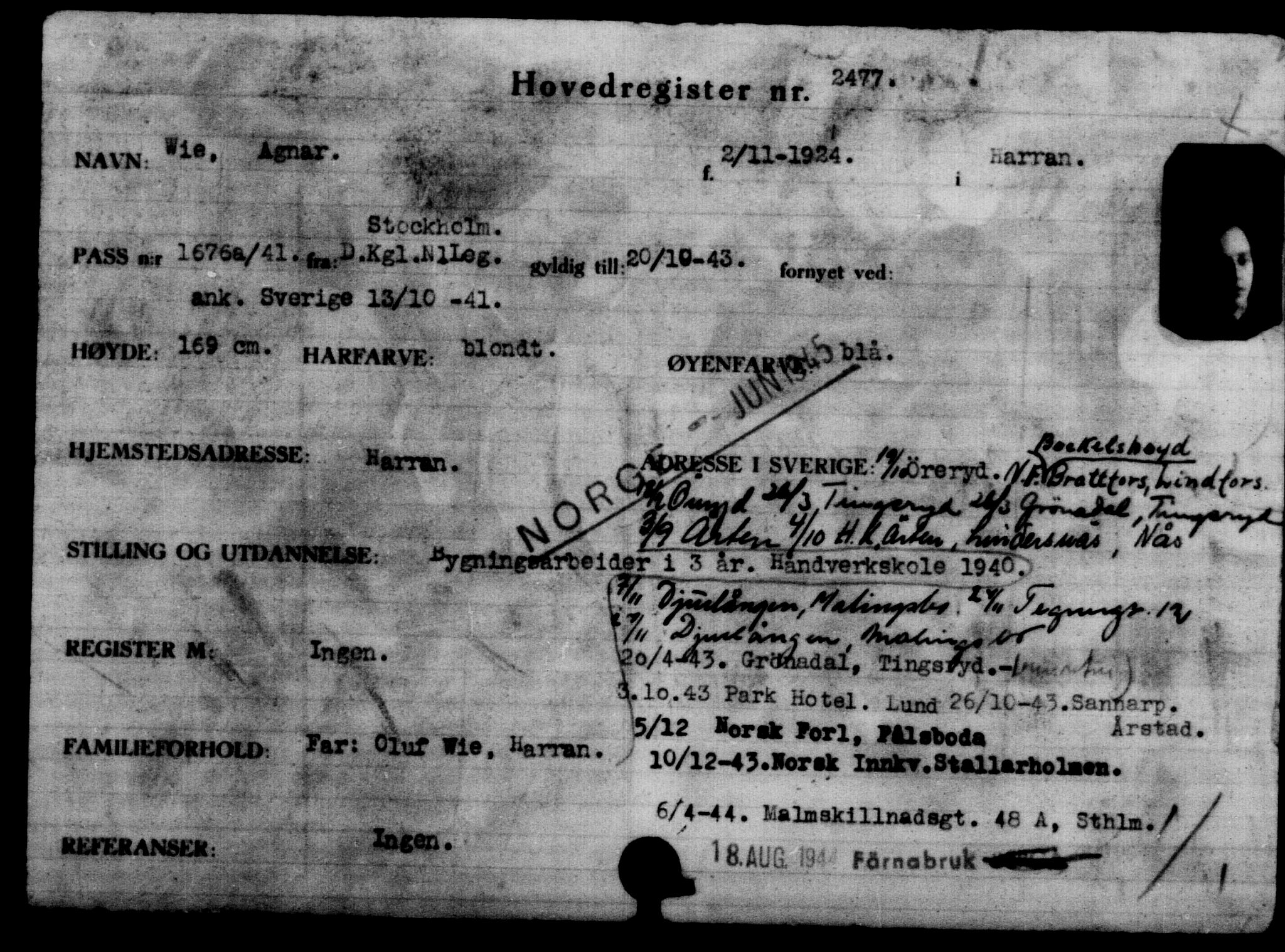 Utenriksstasjonene, Legasjonen i Stockholm, Flyktningkontoret, AV/RA-S-6753/V/Va/L0003: Kjesäterkartoteket, flyktninger med registreringsnr. 2001-3495, 1940-1945, p. 809