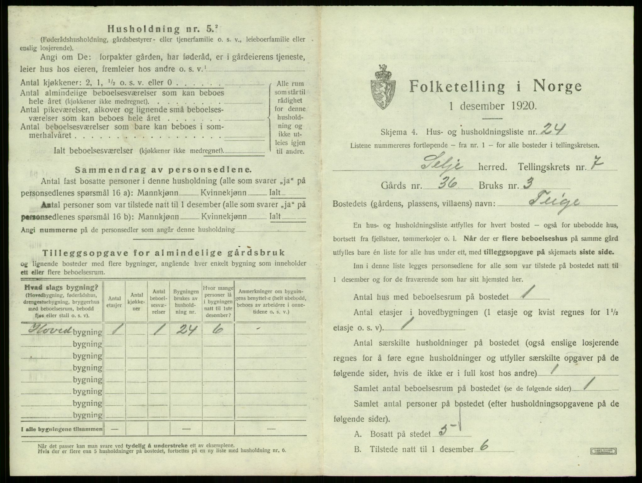 SAB, 1920 census for Selje, 1920, p. 495