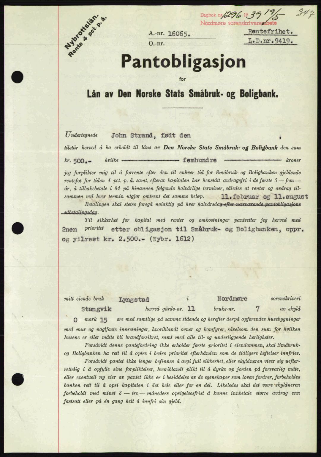 Nordmøre sorenskriveri, AV/SAT-A-4132/1/2/2Ca: Mortgage book no. B85, 1939-1939, Diary no: : 1296/1939