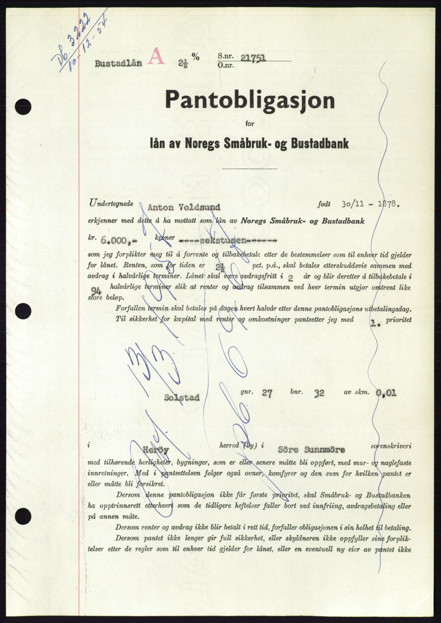 Søre Sunnmøre sorenskriveri, AV/SAT-A-4122/1/2/2C/L0126: Mortgage book no. 14B, 1954-1955, Diary no: : 3222/1954