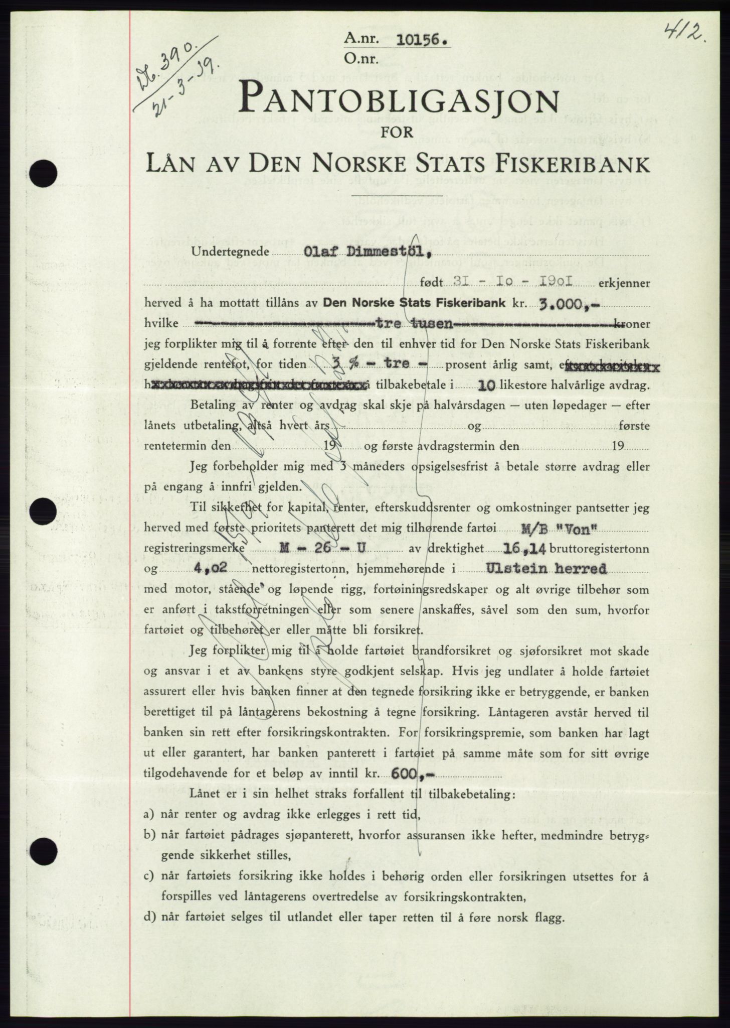 Søre Sunnmøre sorenskriveri, AV/SAT-A-4122/1/2/2C/L0067: Mortgage book no. 61, 1938-1939, Diary no: : 390/1939