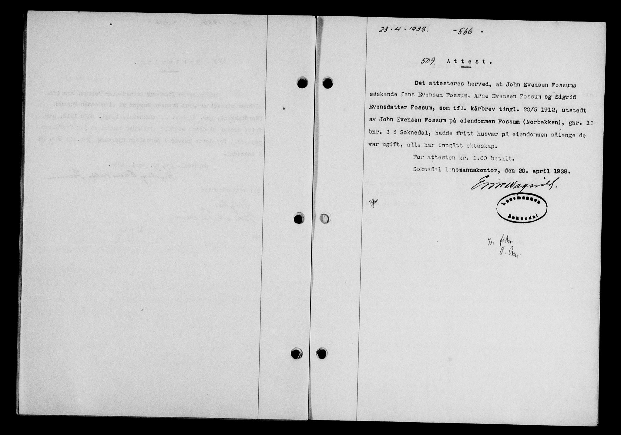 Gauldal sorenskriveri, SAT/A-0014/1/2/2C/L0048: Mortgage book no. 51-52, 1937-1938, p. 566, Diary no: : 509/1938