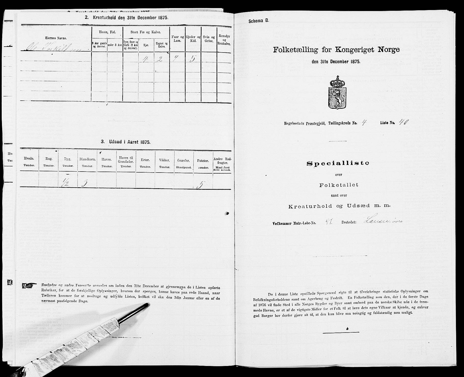 SAK, 1875 census for 1034P Hægebostad, 1875, p. 427