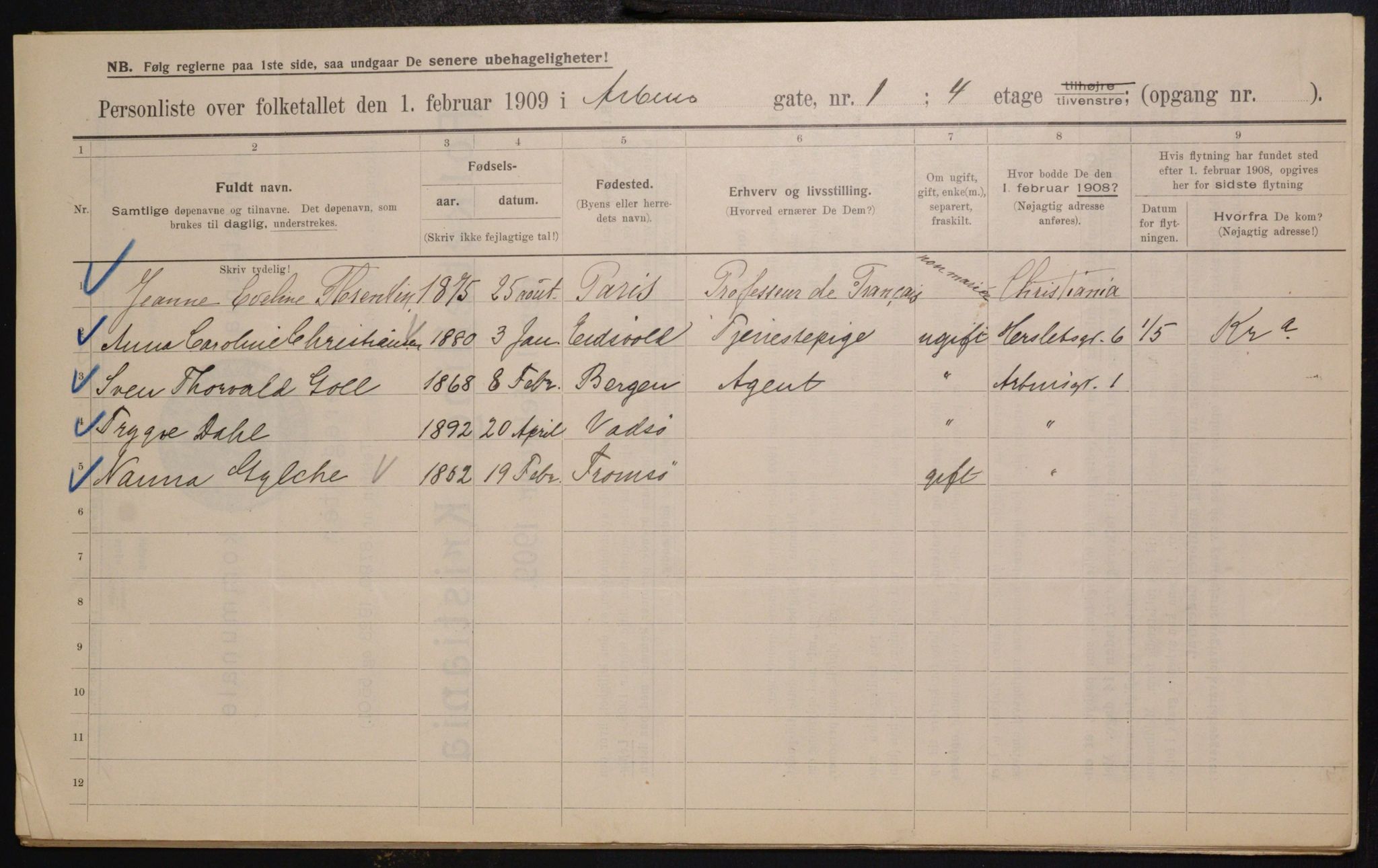 OBA, Municipal Census 1909 for Kristiania, 1909, p. 1526