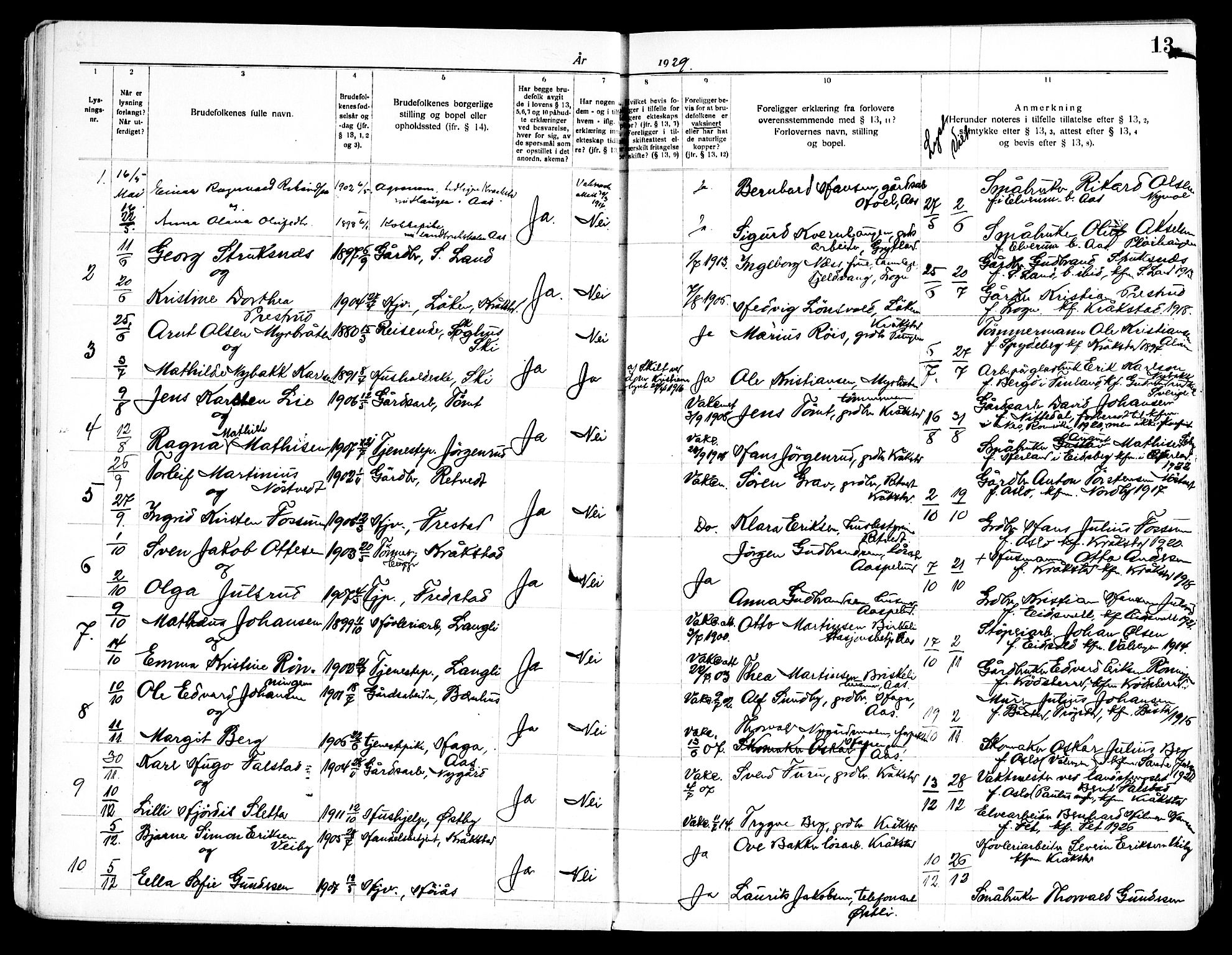 Kråkstad prestekontor Kirkebøker, SAO/A-10125a/H/Ha/L0001: Banns register no. I 1, 1919-1969, p. 13