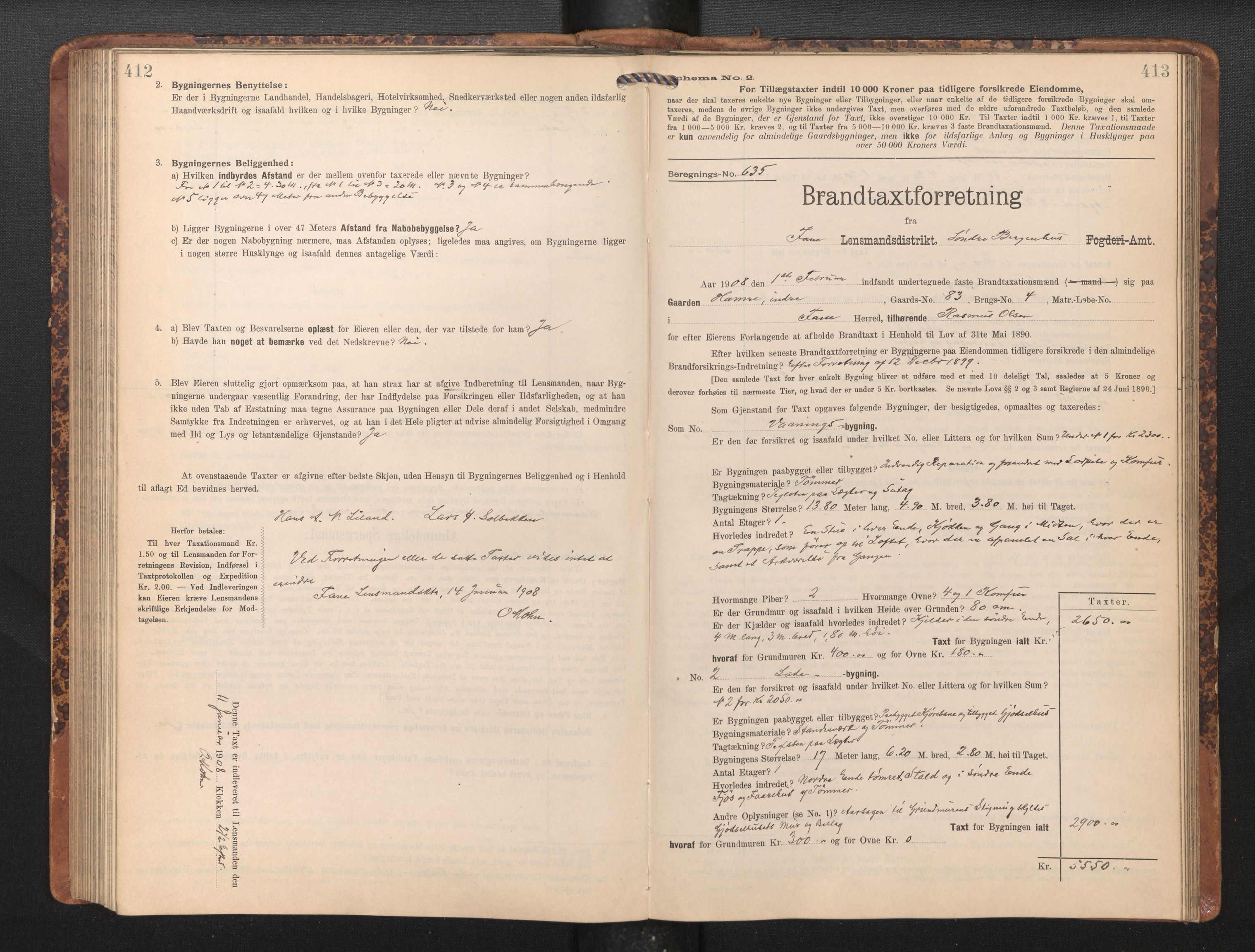 Lensmannen i Fana, SAB/A-31801/0012/L0018: Branntakstprotokoll skjematakst, 1907-1910, p. 412-413