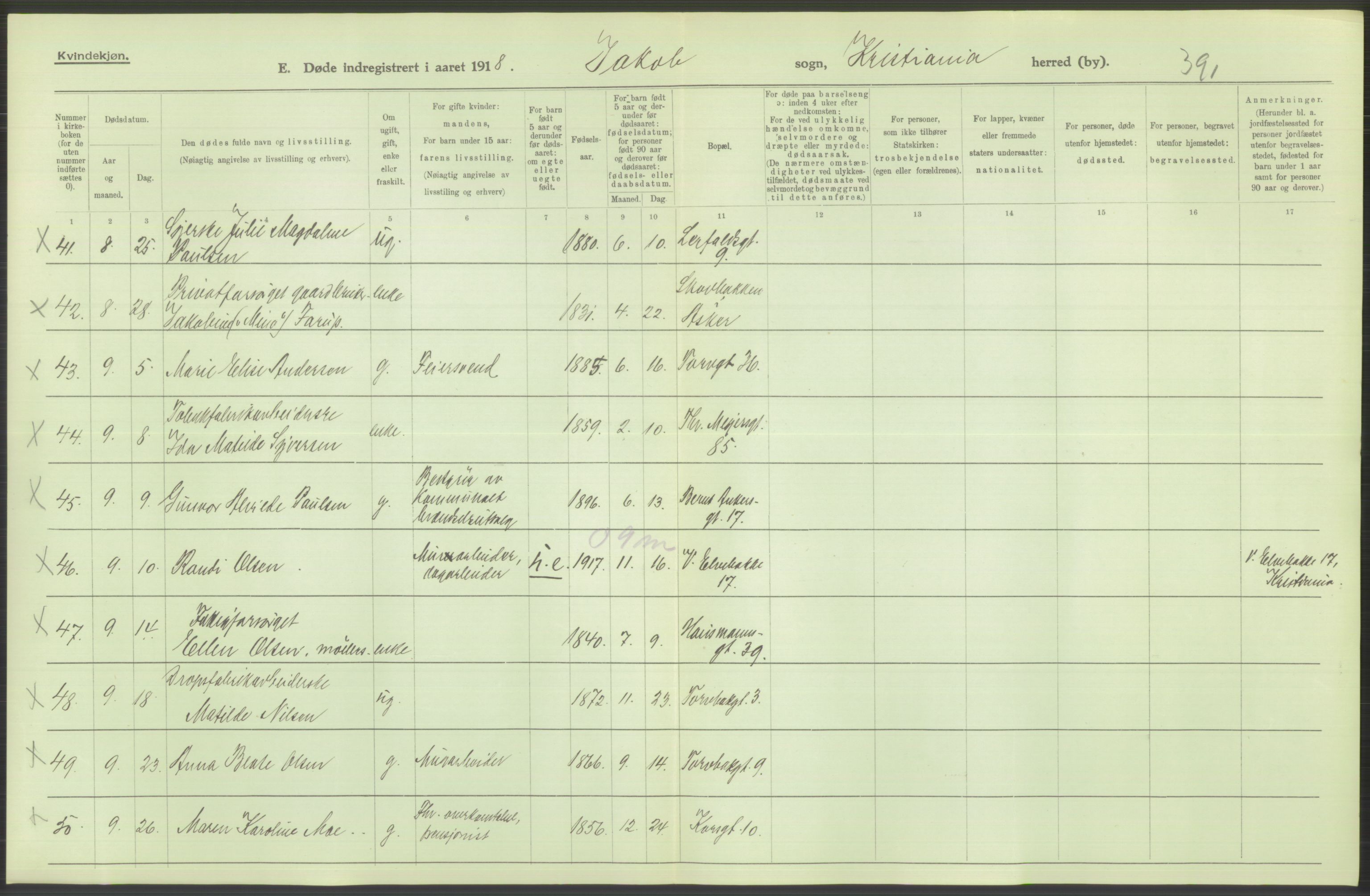 Statistisk sentralbyrå, Sosiodemografiske emner, Befolkning, RA/S-2228/D/Df/Dfb/Dfbh/L0010: Kristiania: Døde, 1918, p. 810