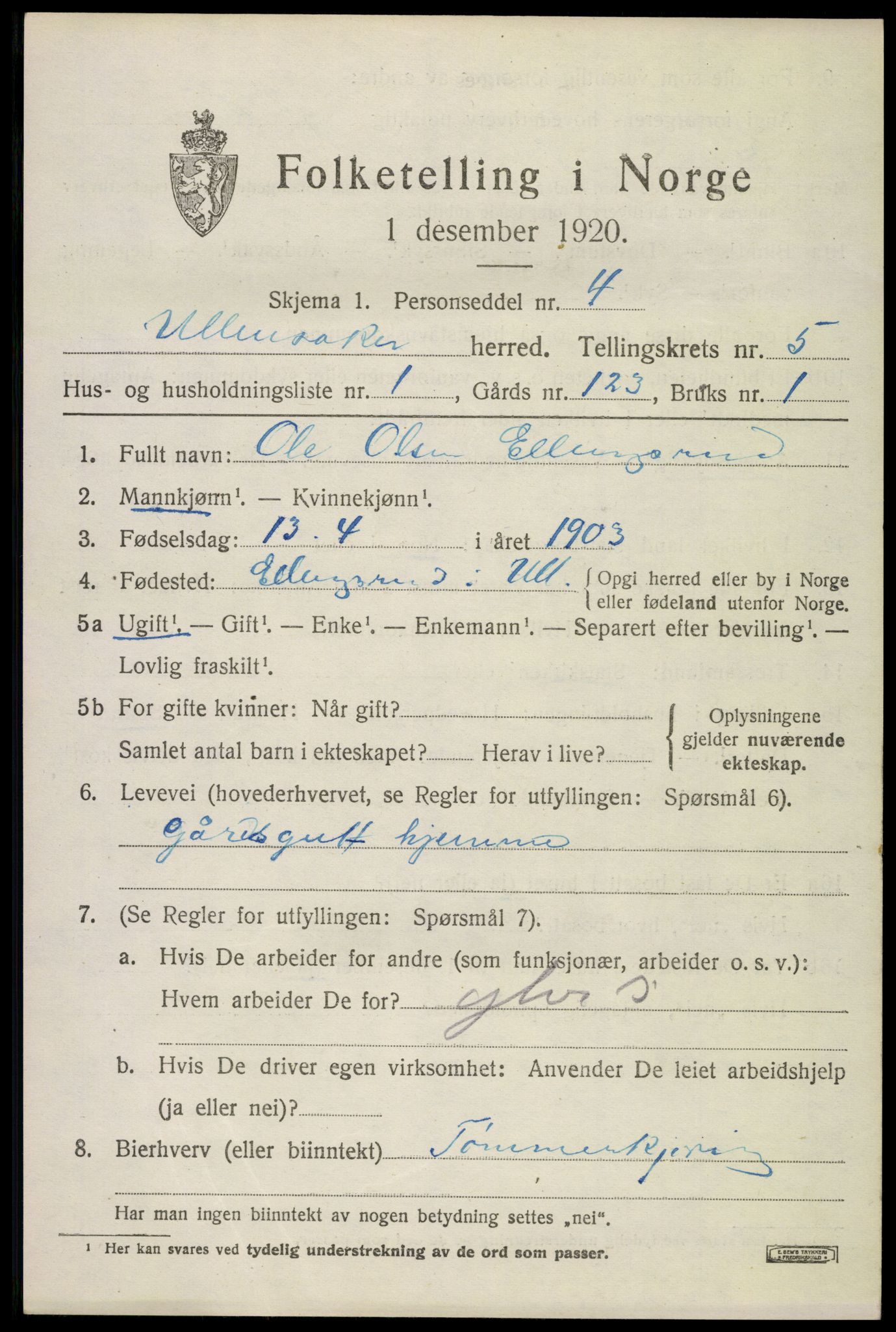 SAO, 1920 census for Ullensaker, 1920, p. 9045