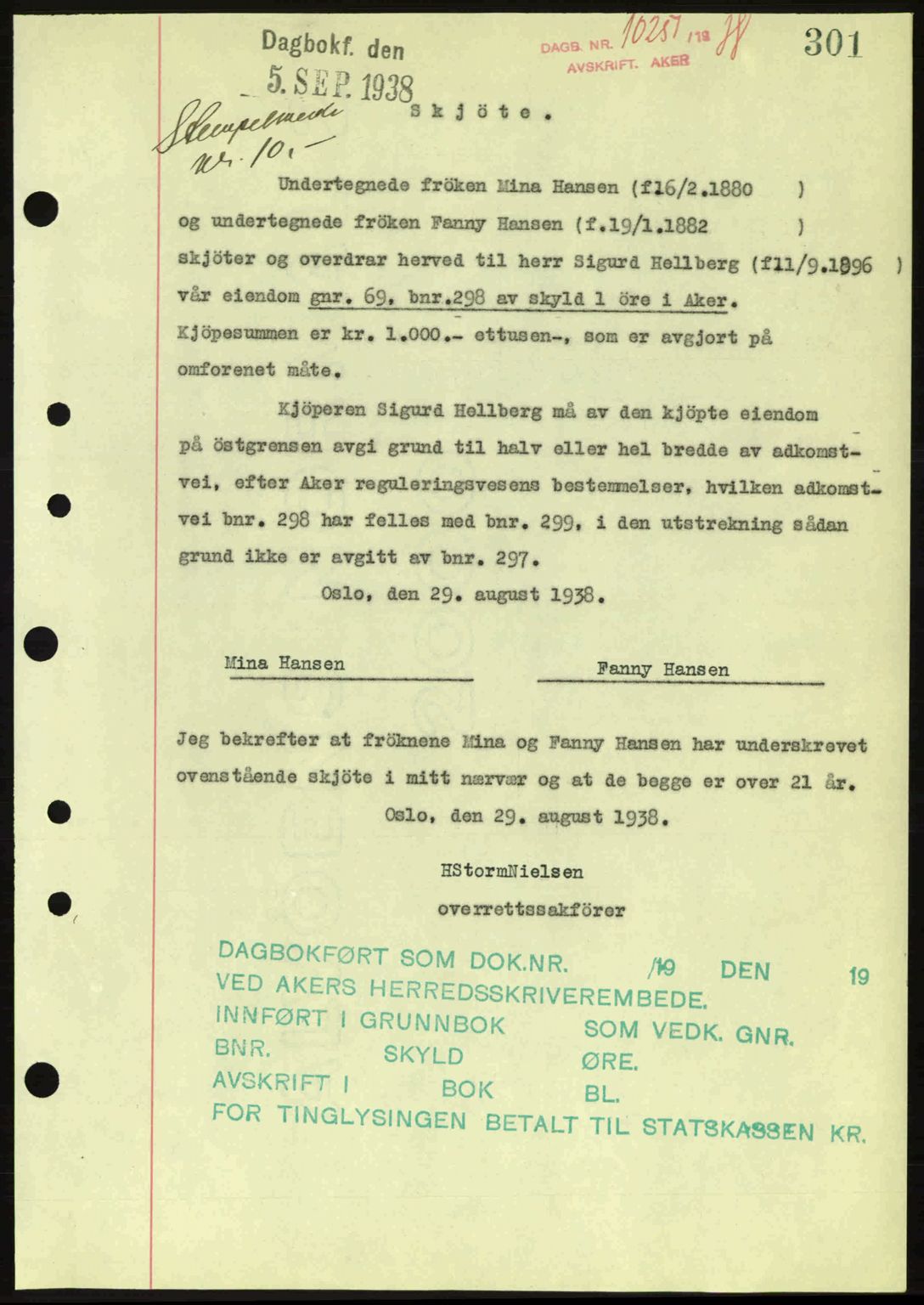 Aker herredsskriveri, SAO/A-10896/G/Gb/Gba/Gbab/L0025: Mortgage book no. A154-155, 1938-1938, Diary no: : 10251/1938