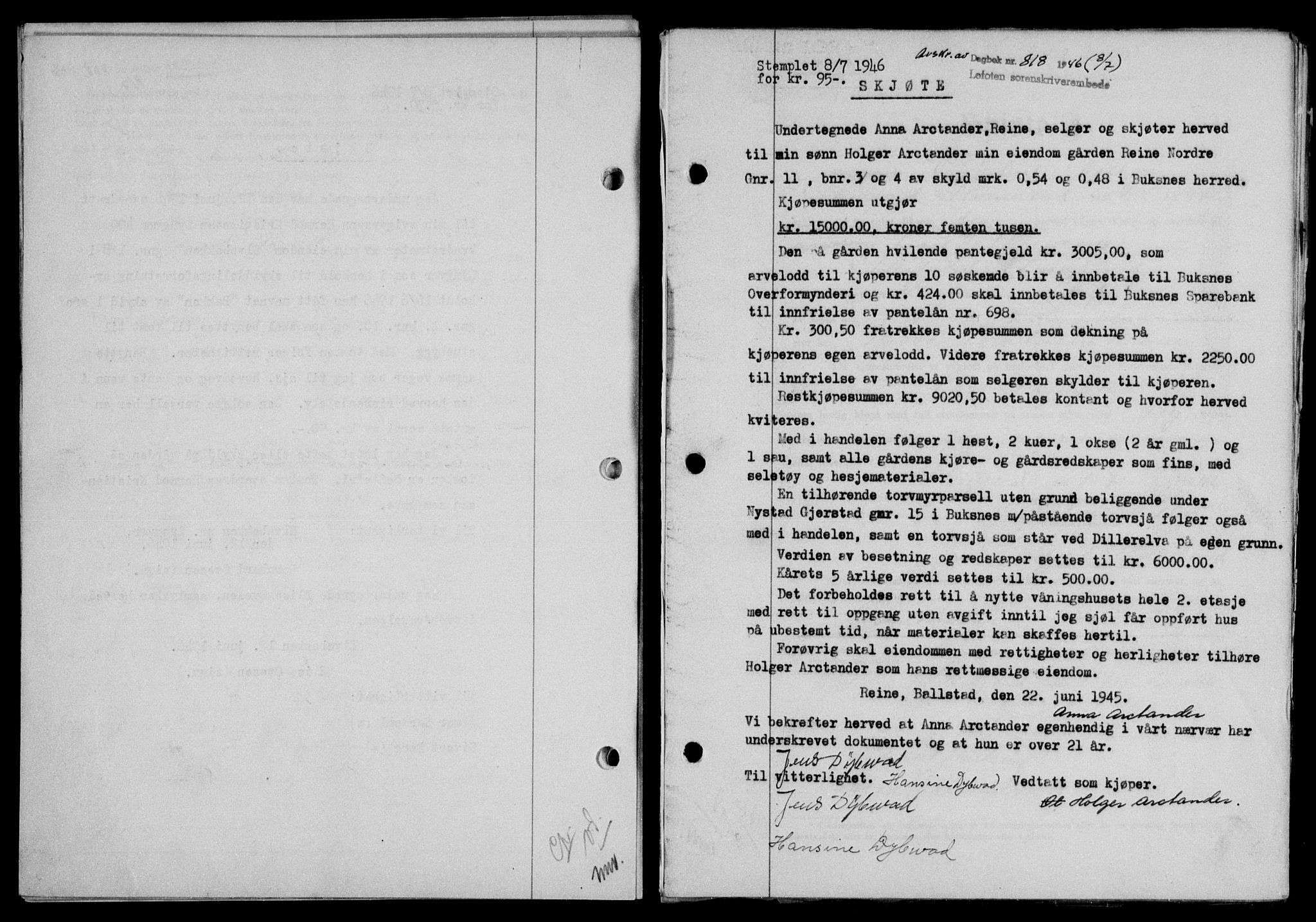 Lofoten sorenskriveri, SAT/A-0017/1/2/2C/L0014a: Mortgage book no. 14a, 1946-1946, Diary no: : 818/1946