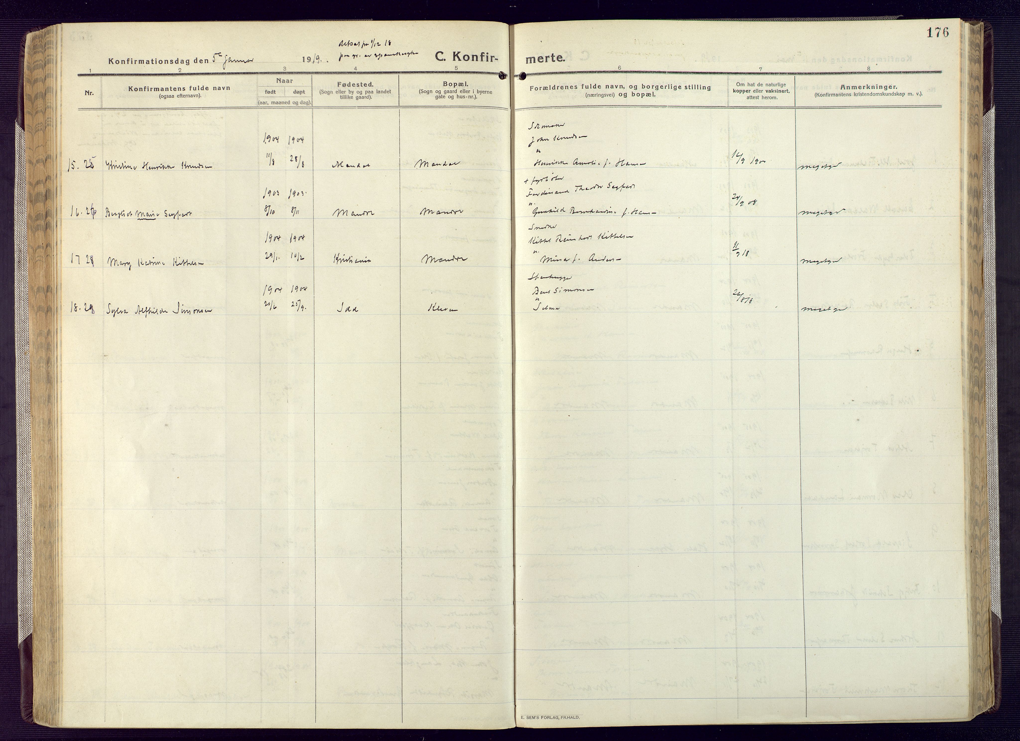 Mandal sokneprestkontor, AV/SAK-1111-0030/F/Fa/Fac/L0001: Parish register (official) no. A 1, 1913-1925, p. 176