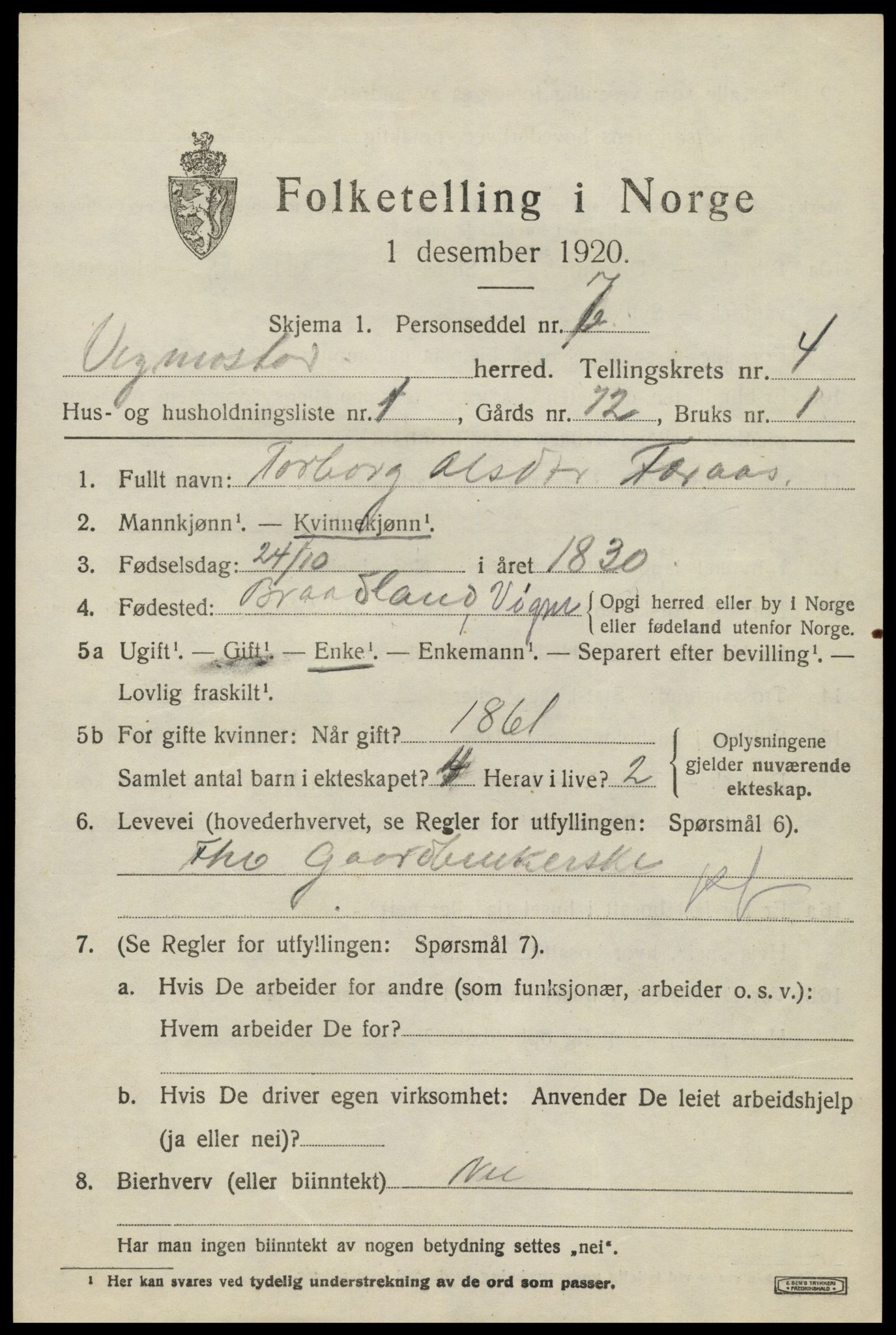 SAK, 1920 census for Vigmostad, 1920, p. 1185
