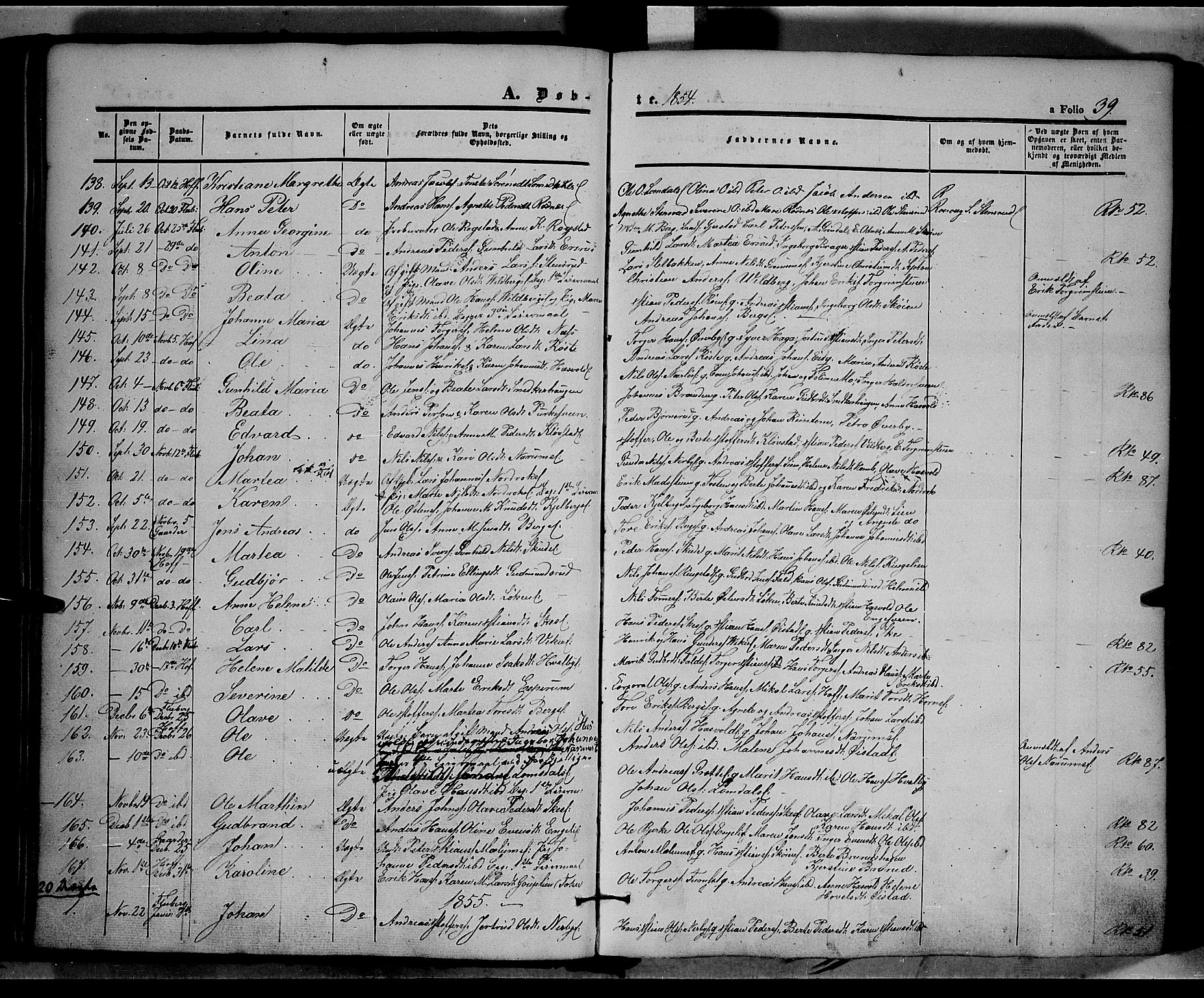 Land prestekontor, AV/SAH-PREST-120/H/Ha/Haa/L0009: Parish register (official) no. 9, 1847-1859, p. 39