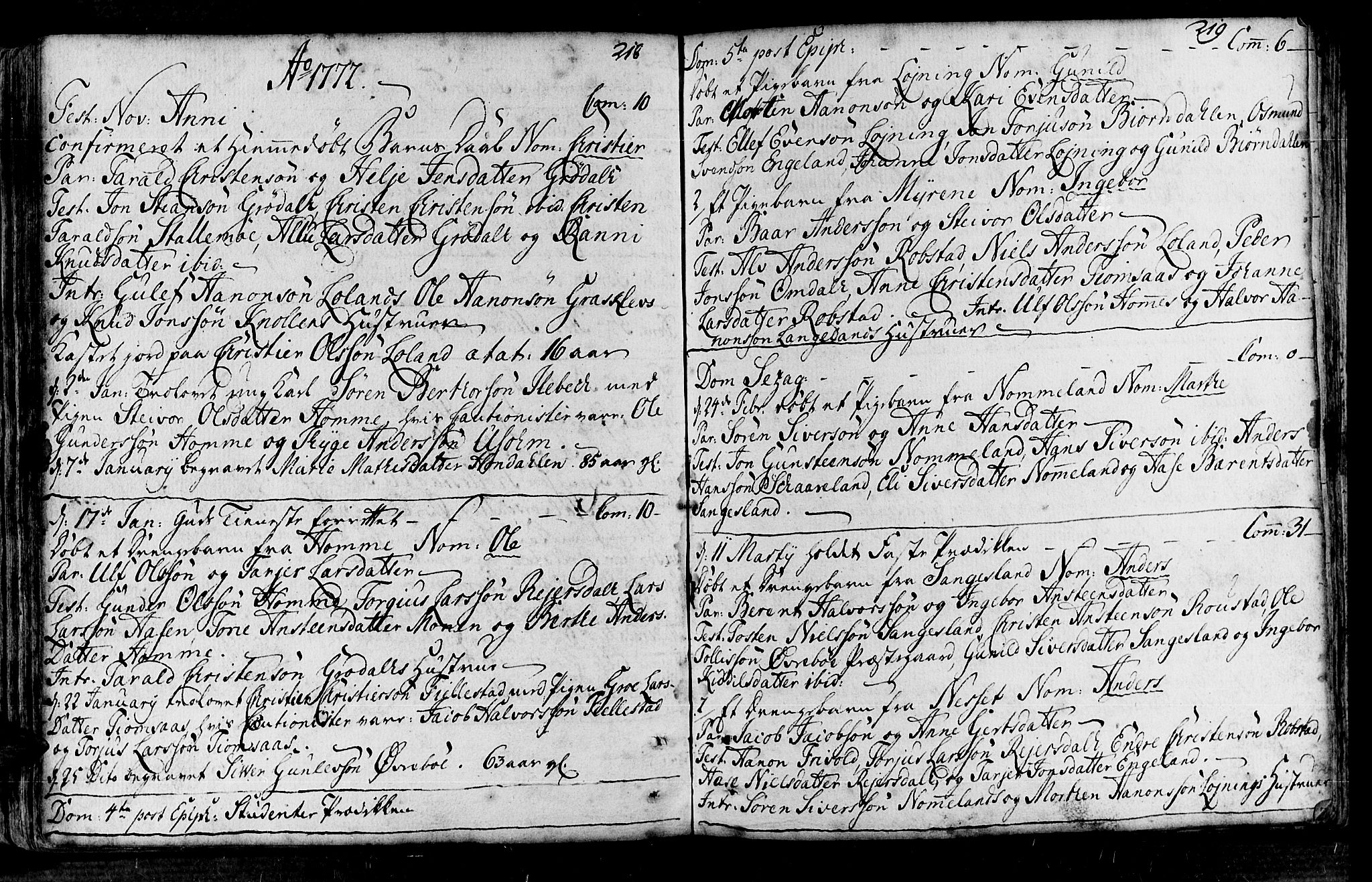 Vennesla sokneprestkontor, AV/SAK-1111-0045/Fa/Fac/L0001: Parish register (official) no. A 1, 1743-1784, p. 218-219