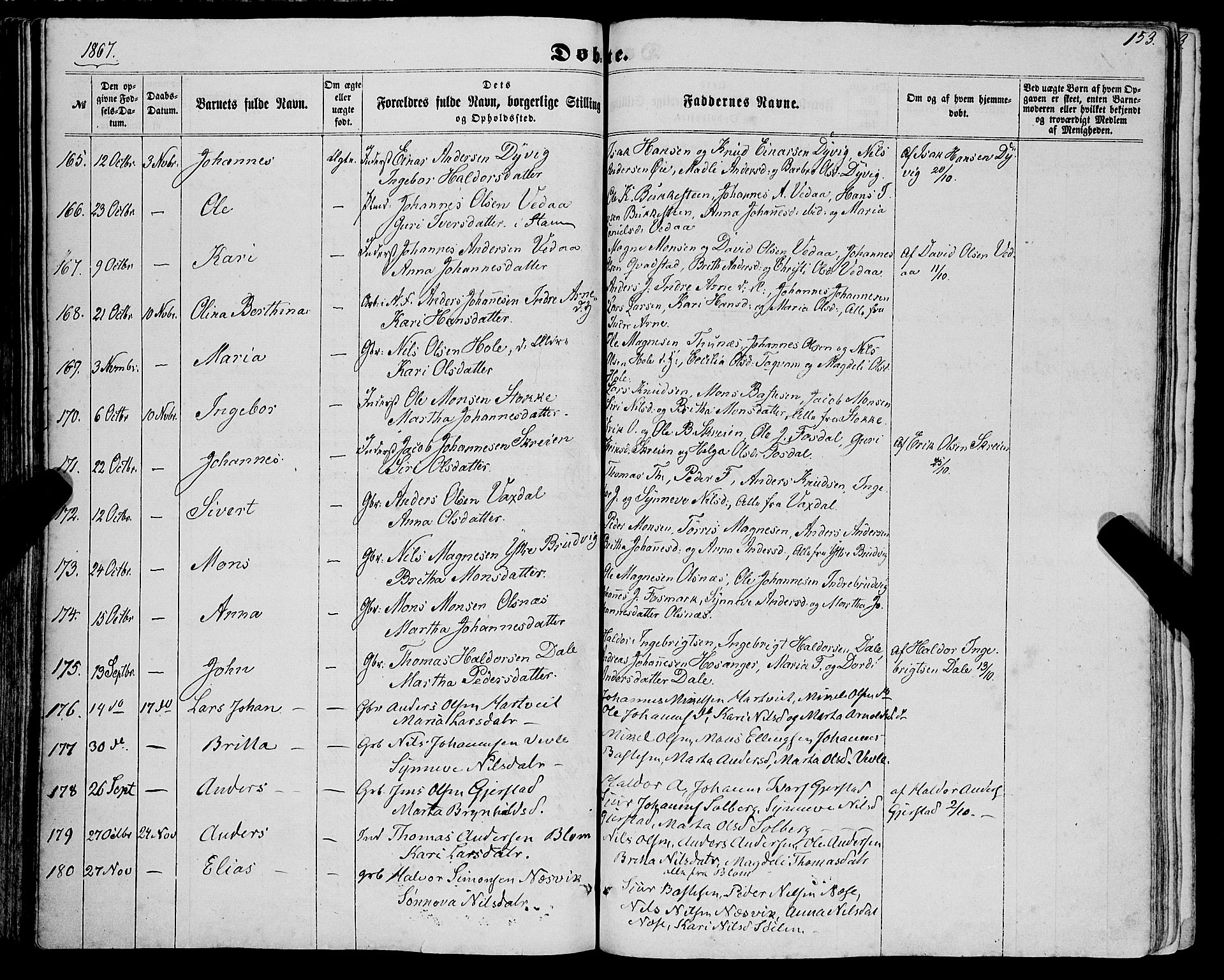 Haus sokneprestembete, SAB/A-75601/H/Haa: Parish register (official) no. A 17, 1858-1870, p. 153
