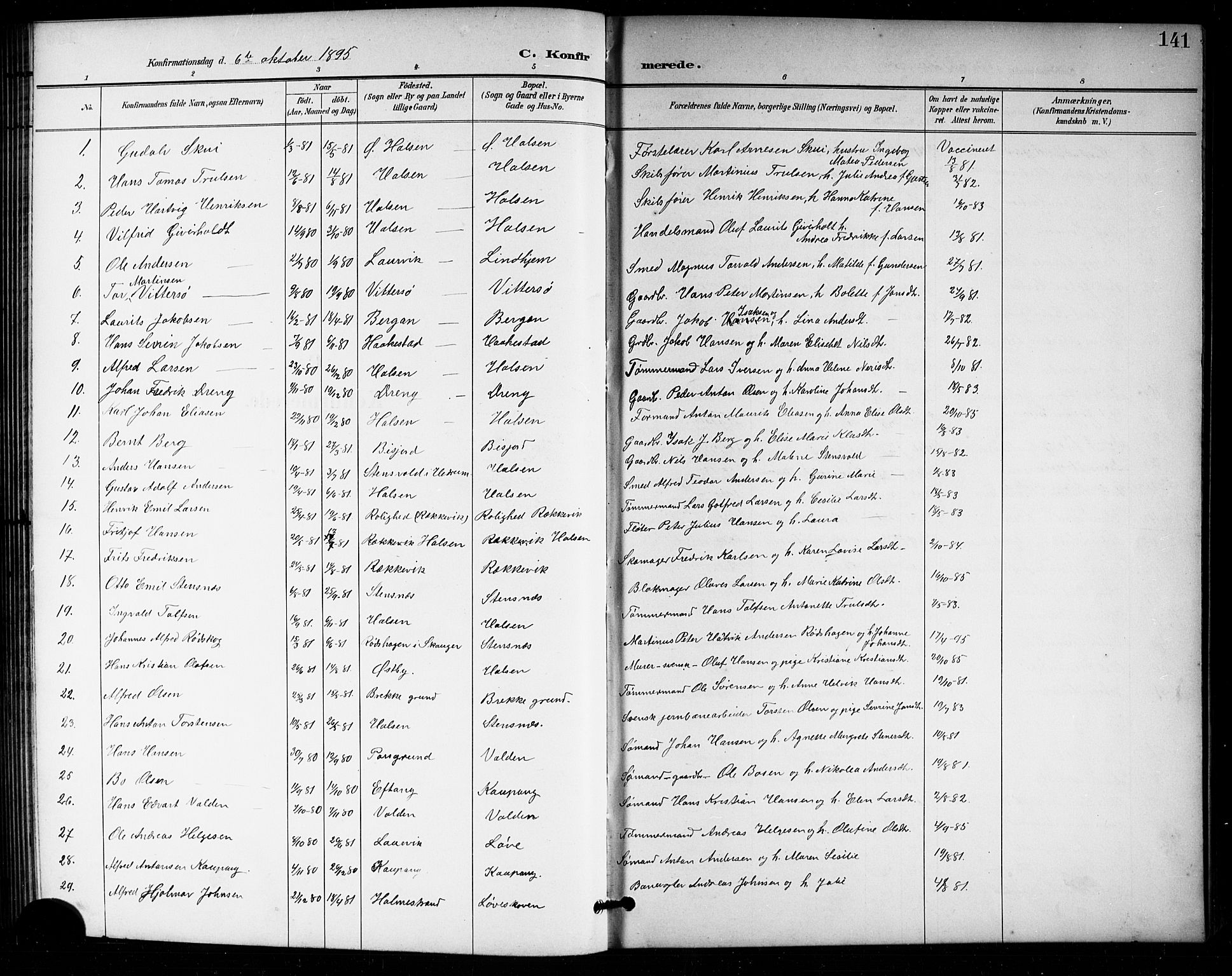 Tjølling kirkebøker, AV/SAKO-A-60/G/Ga/L0002: Parish register (copy) no. 2, 1895-1918, p. 141