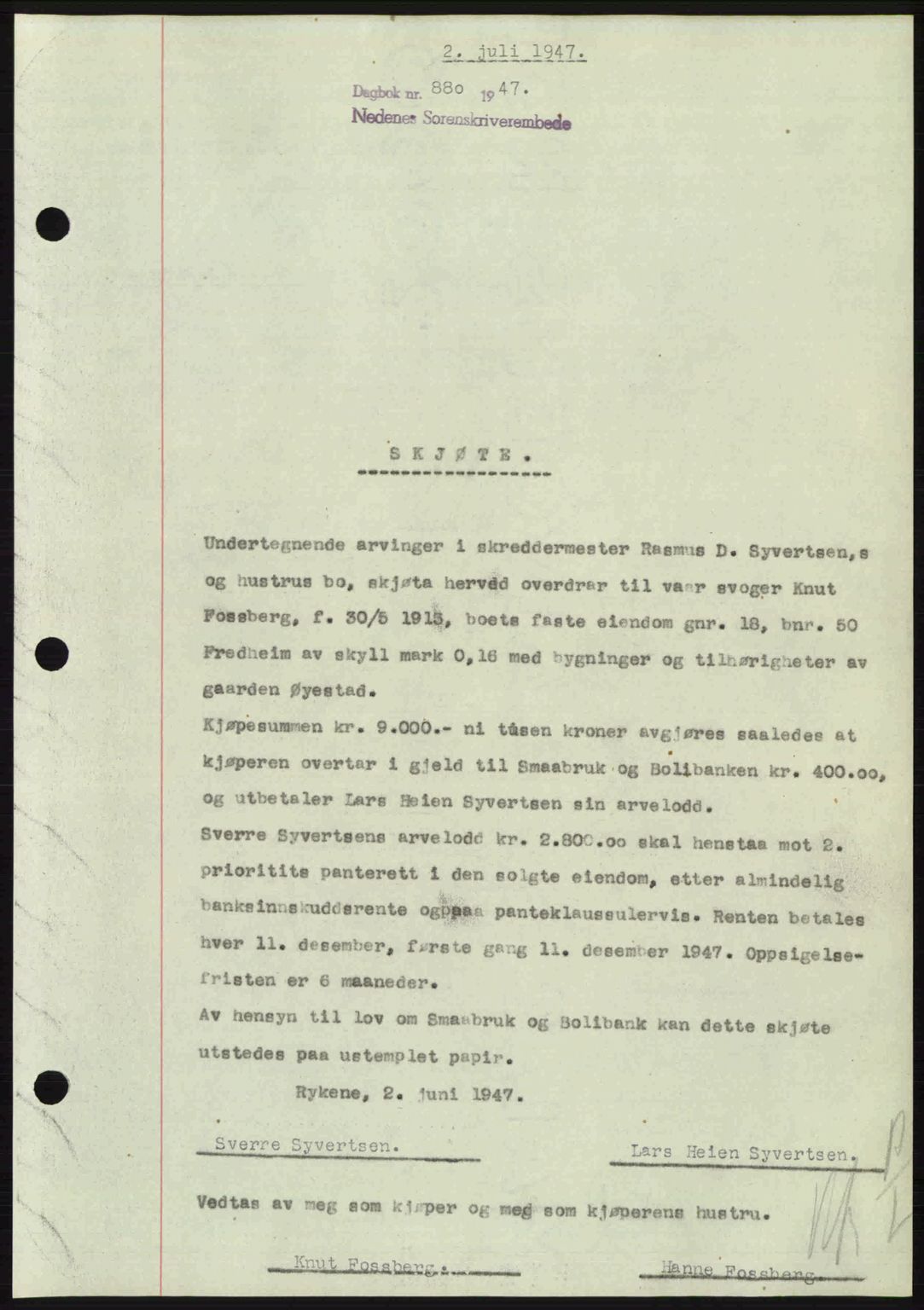 Nedenes sorenskriveri, AV/SAK-1221-0006/G/Gb/Gba/L0057: Mortgage book no. A9, 1947-1947, Diary no: : 880/1947