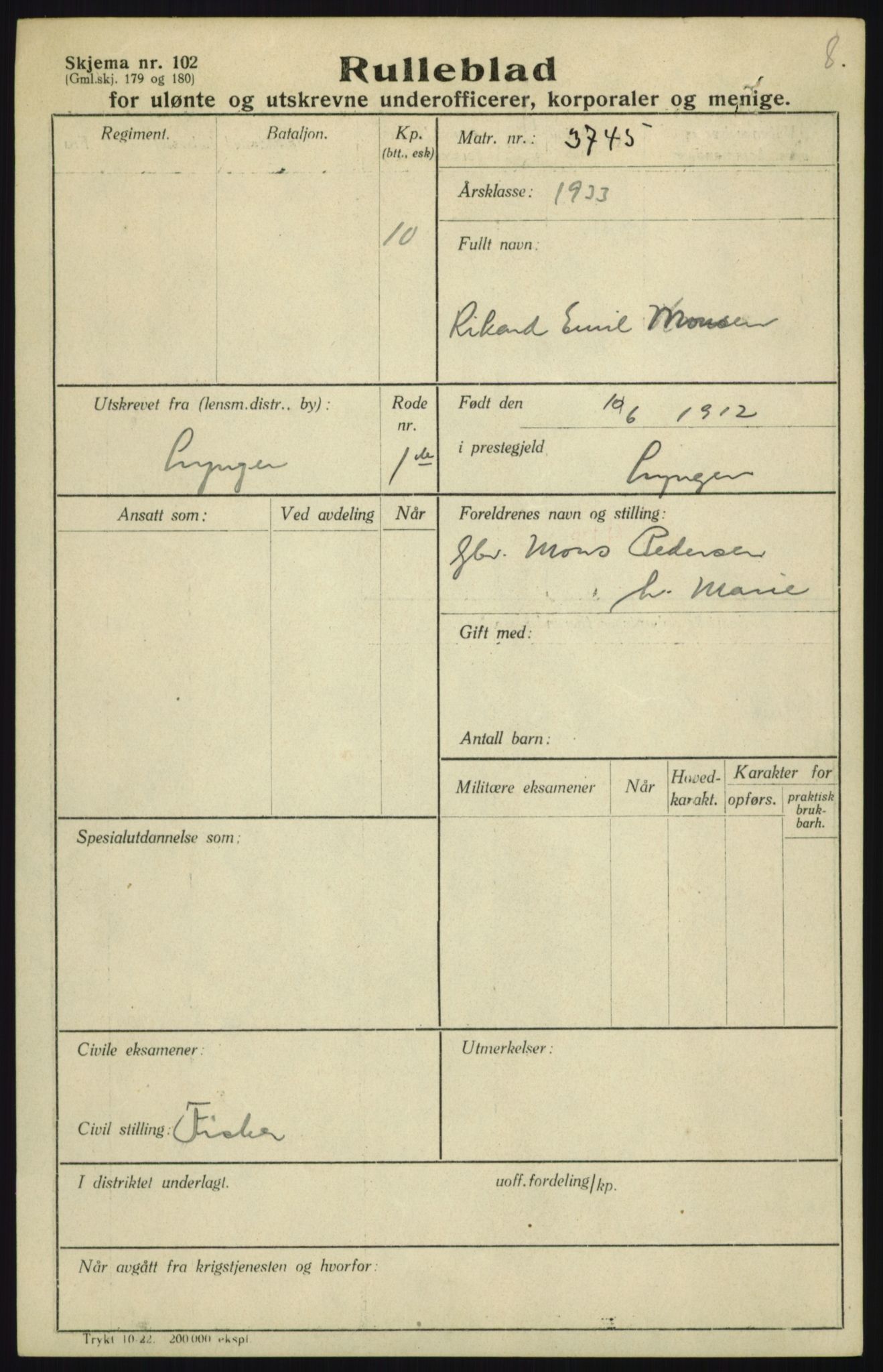 Forsvaret, Troms infanteriregiment nr. 16, AV/RA-RAFA-3146/P/Pa/L0017: Rulleblad for regimentets menige mannskaper, årsklasse 1933, 1933, p. 841