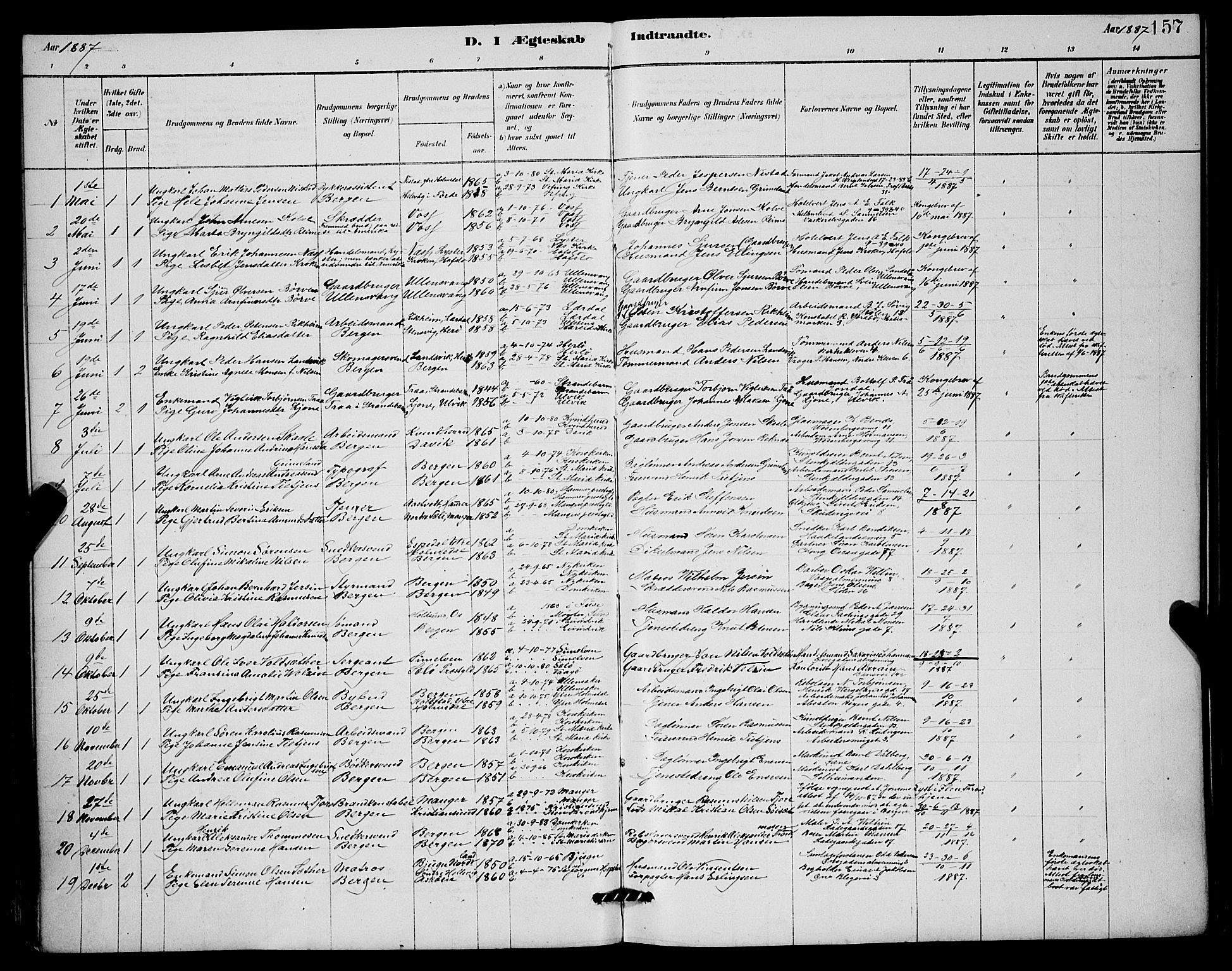 Mariakirken Sokneprestembete, SAB/A-76901/H/Hab/L0004: Parish register (copy) no. A 4, 1878-1892, p. 157