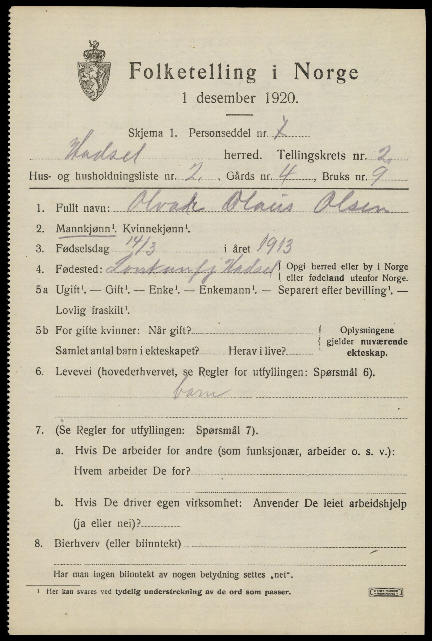 SAT, 1920 census for Hadsel, 1920, p. 3992