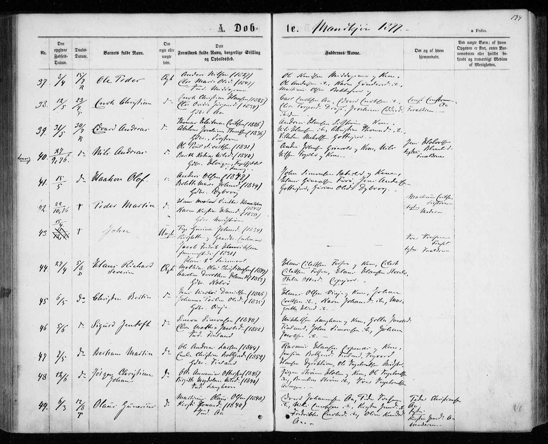 Tranøy sokneprestkontor, AV/SATØ-S-1313/I/Ia/Iaa/L0008kirke: Parish register (official) no. 8, 1867-1877, p. 134